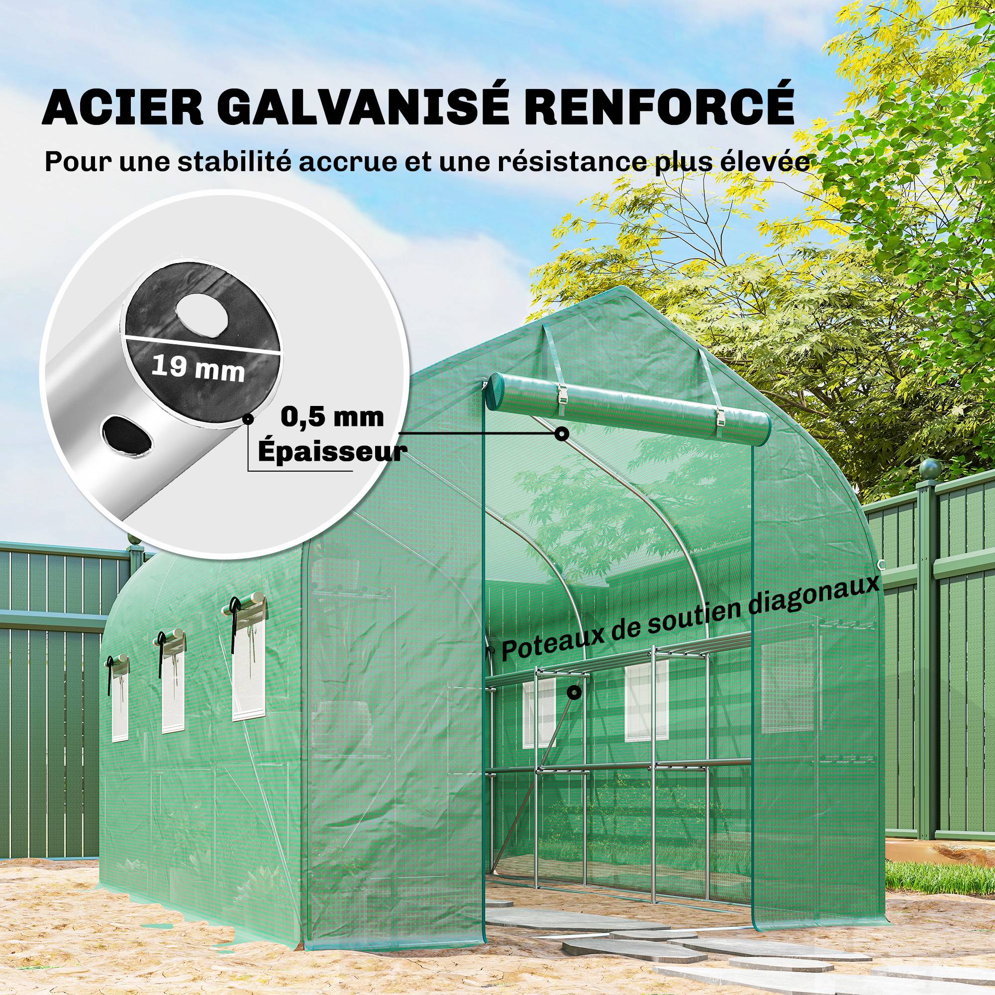 Serre tunnel de jardin 6m², serre de jardin avec étagères, porte et 6 fenêtres, cadre en acier galvanisé, vert - Image 7