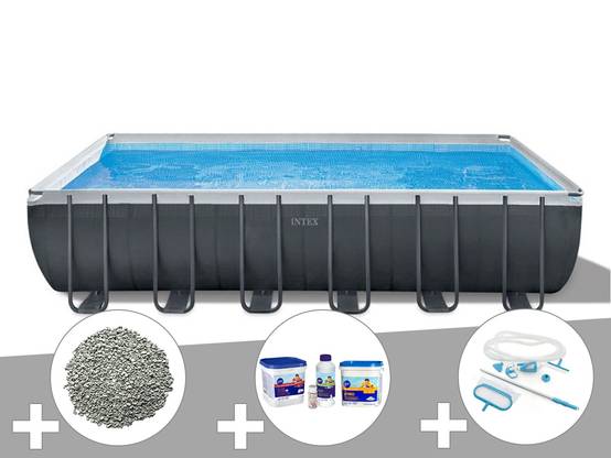 Kit piscine tubulaire Intex Ultra XTR Frame rectangulaire 7,32 x 3,66 x 1,32 m + 20 kg de zéolite + Kit de traitement au chlore + Kit d'entretien