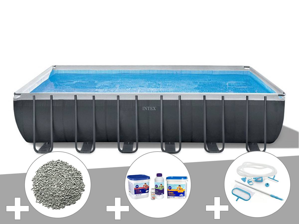 Kit piscine tubulaire Intex Ultra XTR Frame rectangulaire 7,32 x 3,66 x 1,32 m + 20 kg de zéolite + Kit de traitement au chlore + Kit d'entretien