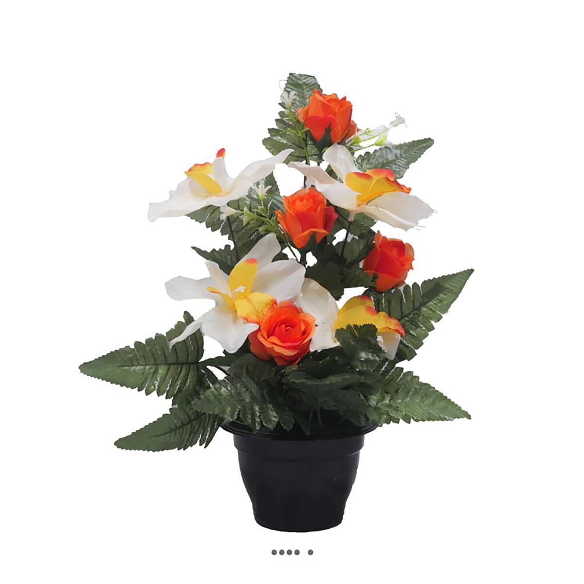 Artificielles - Pot fleurs artificielles cimetière roses, orchidées et mini-fleurs Orange - couleur: Orange 660 - Image 1