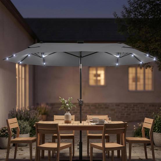 Parasol double avec base en croix et lumières solaires, 295x150x219 cm, gris - Image 4
