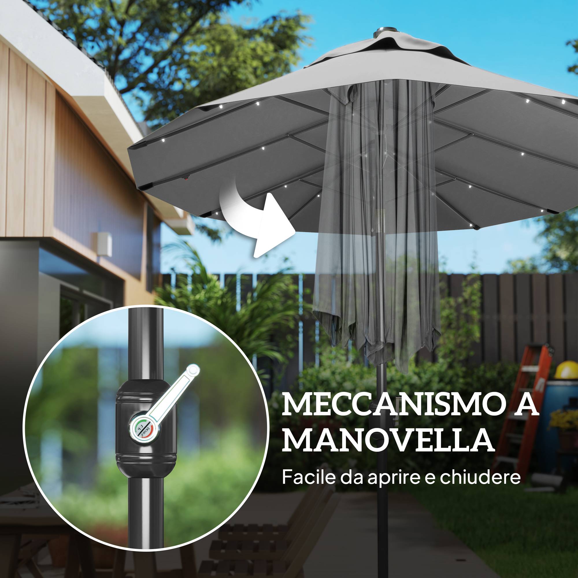 Parasol double avec base en croix et lumières solaires, 295x150x219 cm, gris - Image 9