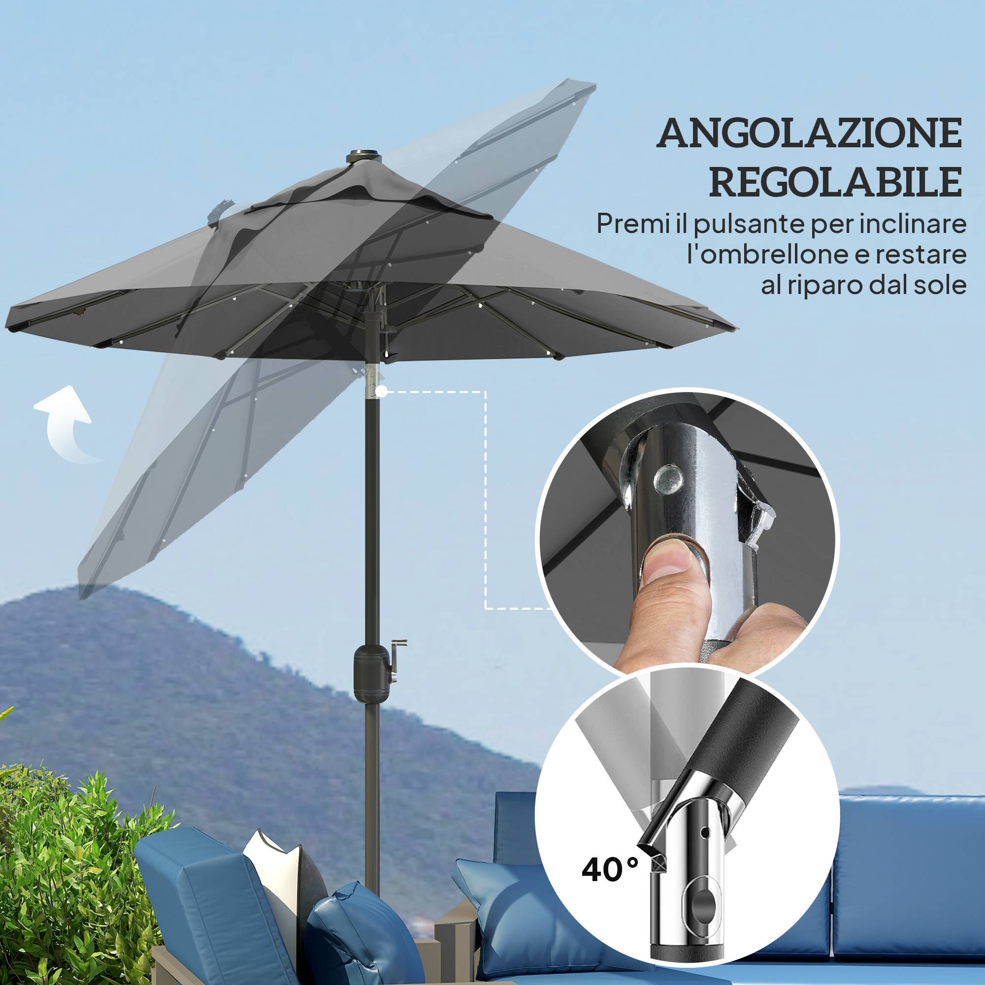 Parasol double avec base en croix et lumières solaires, 295x150x219 cm, gris - Image 7