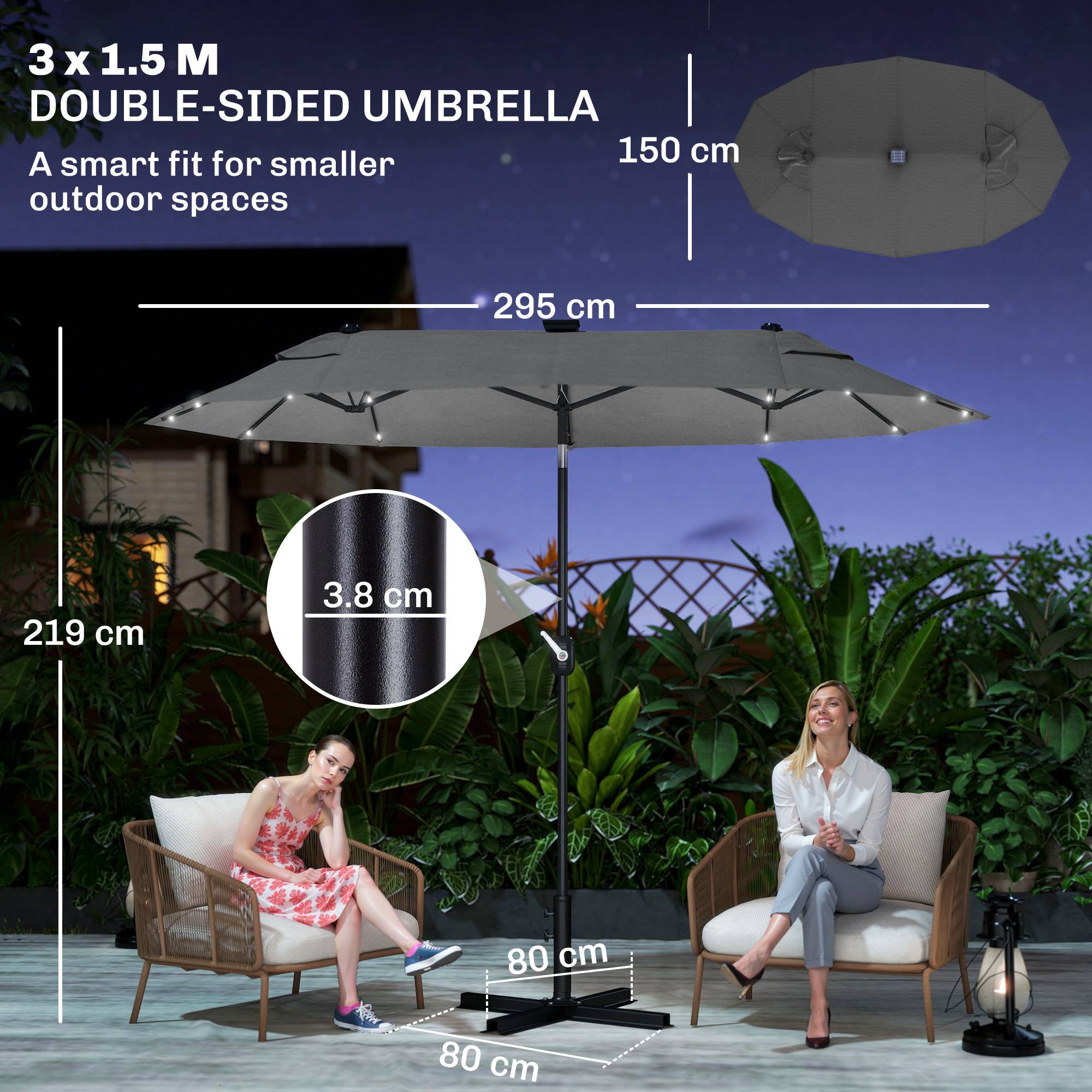 Parasol double avec base en croix et lumières solaires, 295x150x219 cm, gris - Image 5