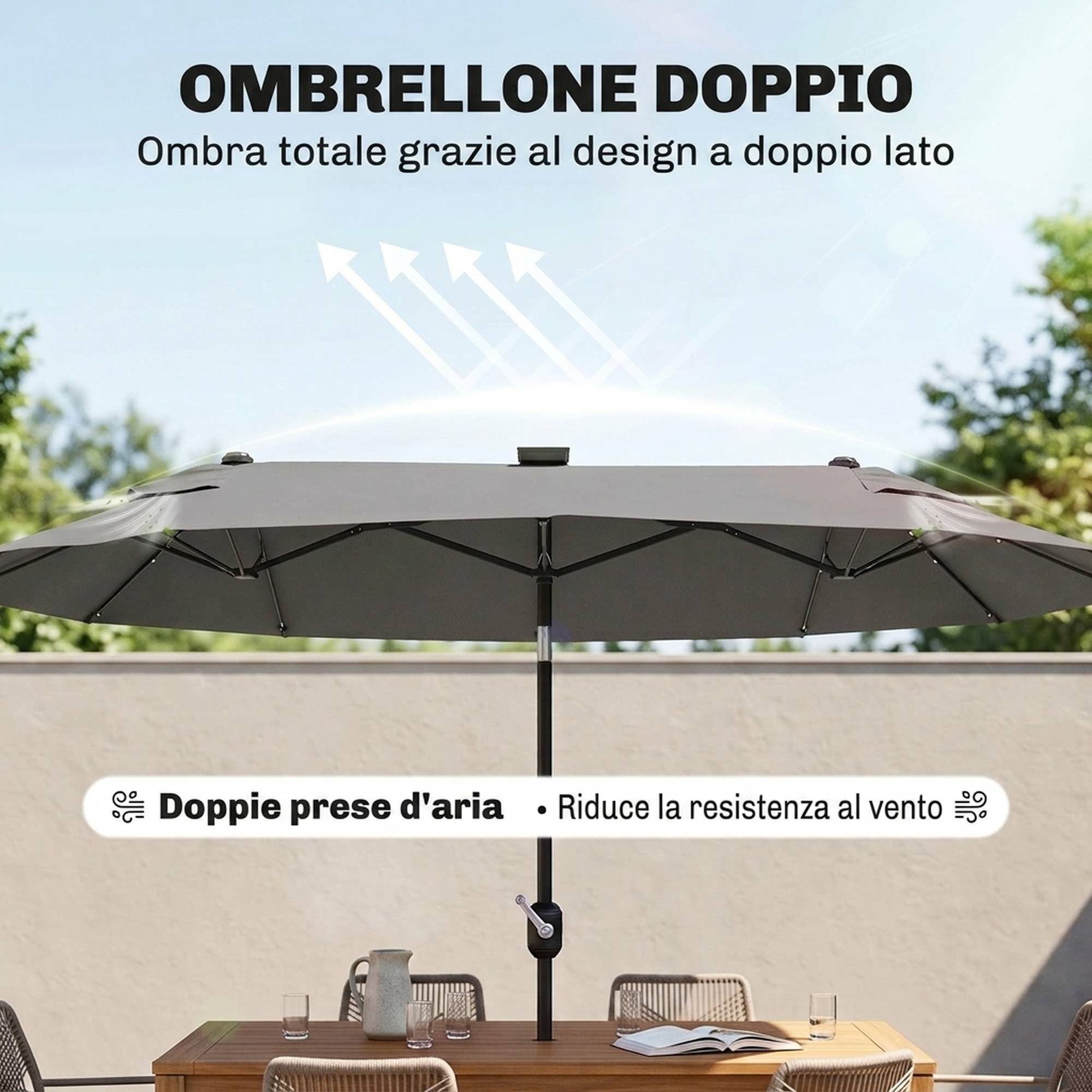 Parasol double avec base en croix et lumières solaires, 295x150x219 cm, gris - Image 8