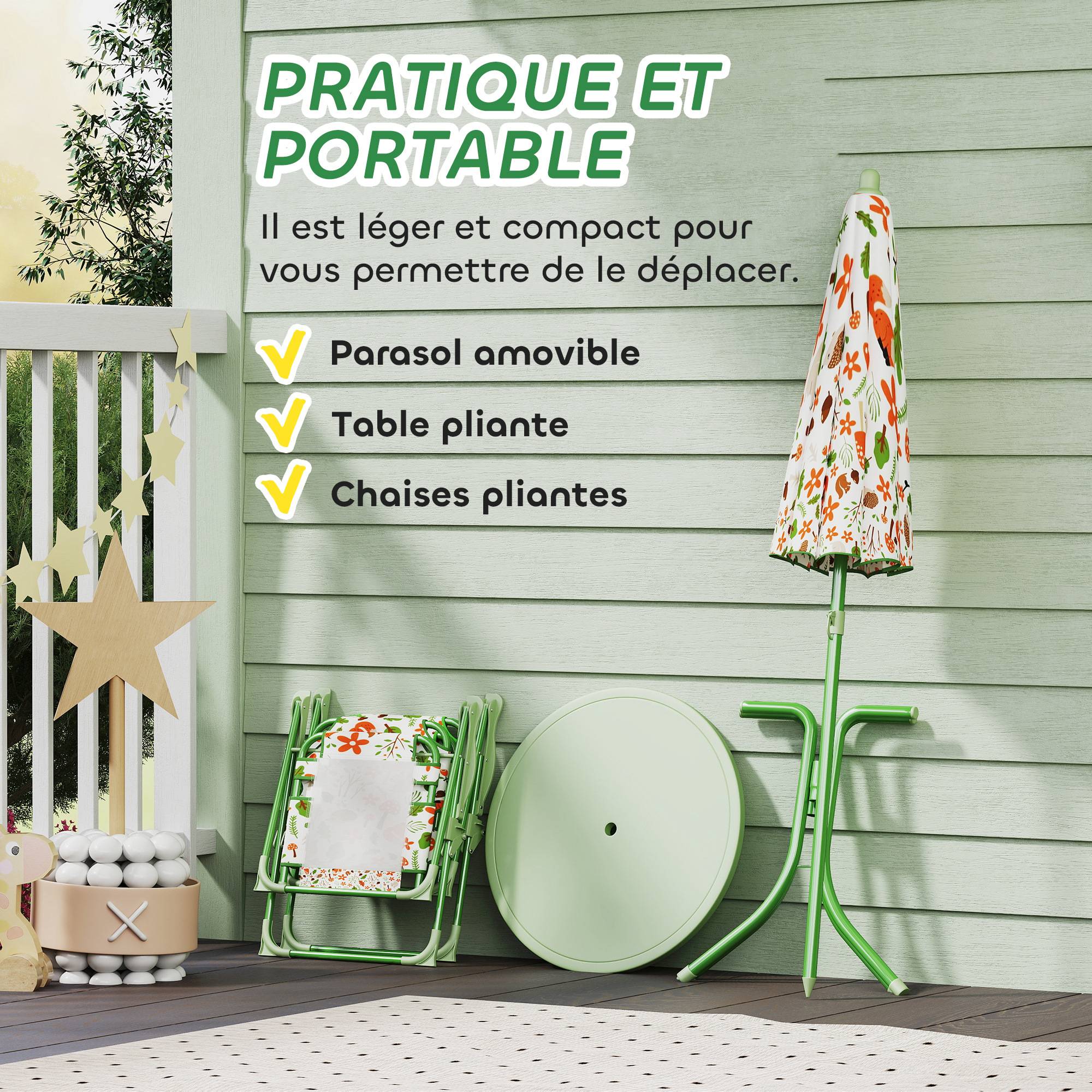 Ensemble salon de jardin extérieur enfant 4 pièces, motif éléphant et girafe, parasol réglable Ø 100 cm, chaise pliable - Image 8