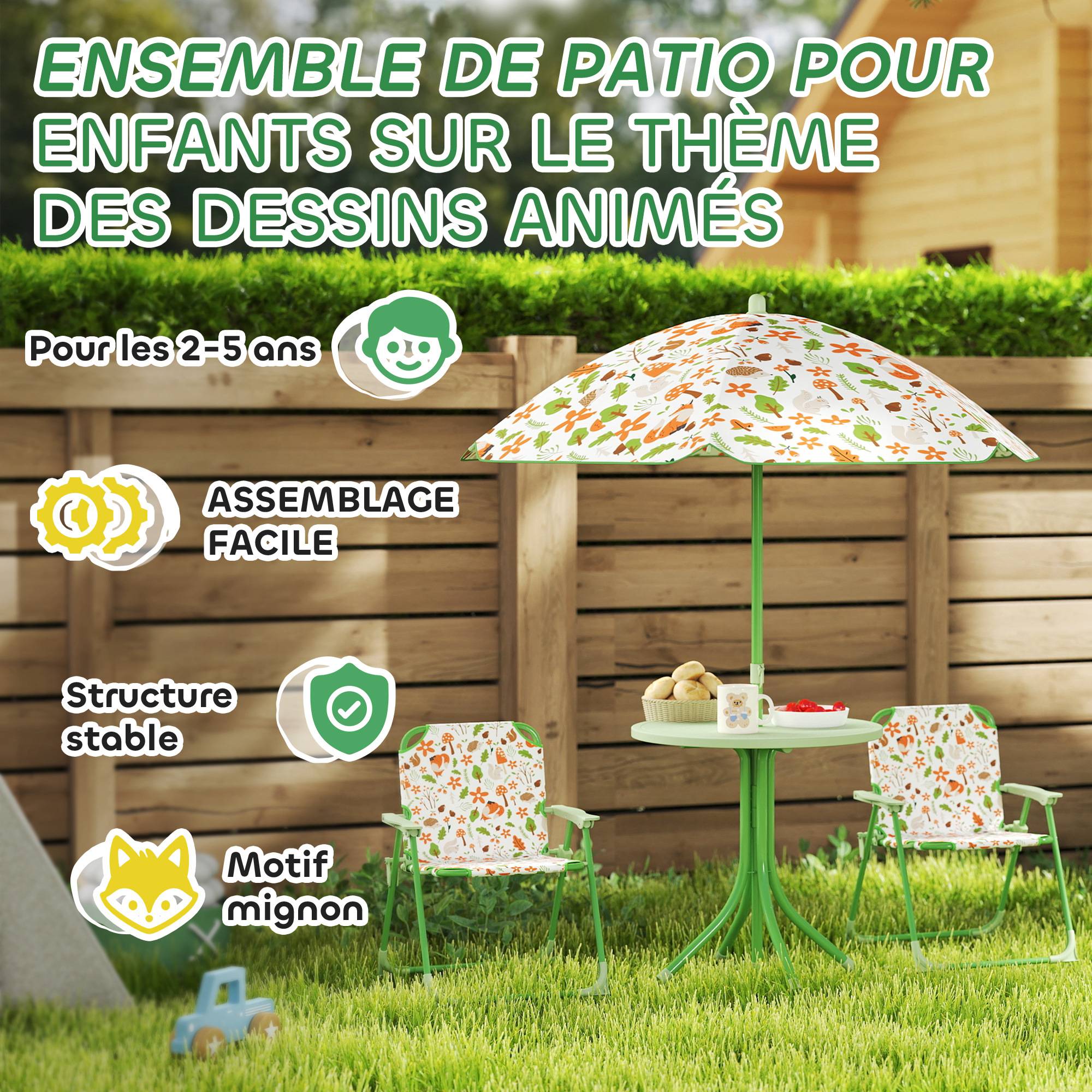 Ensemble salon de jardin extérieur enfant 4 pièces, motif éléphant et girafe, parasol réglable Ø 100 cm, chaise pliable - Image 9