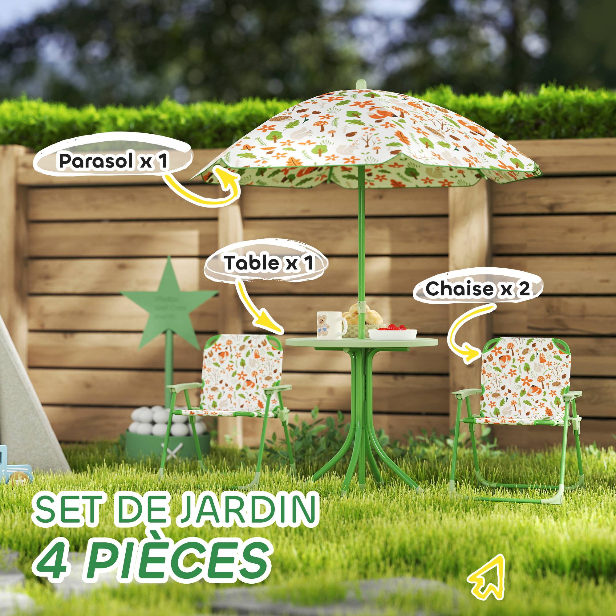 Ensemble salon de jardin extérieur enfant 4 pièces, motif éléphant et girafe, parasol réglable Ø 100 cm, chaise pliable - Image 6