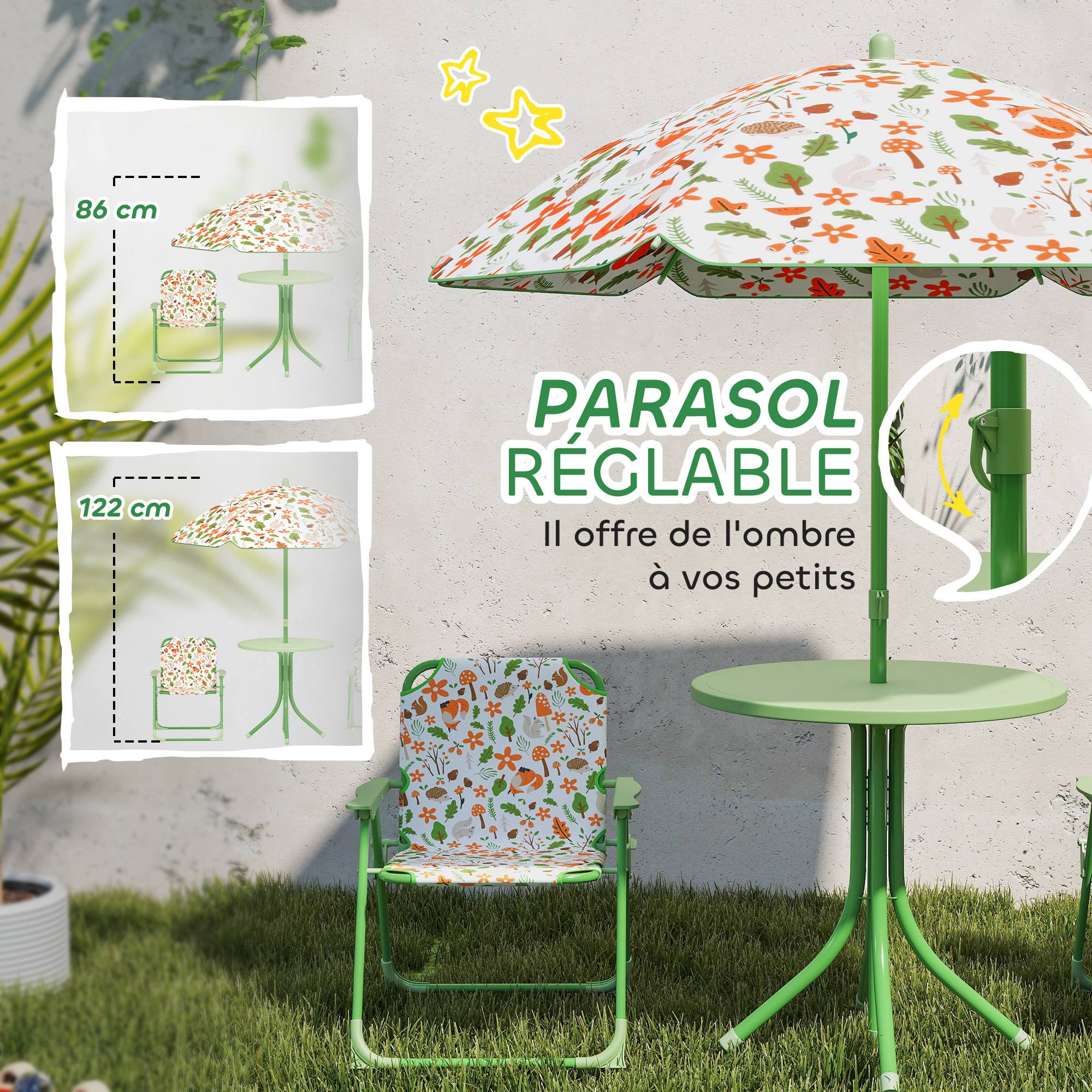 Ensemble salon de jardin extérieur enfant 4 pièces, motif éléphant et girafe, parasol réglable Ø 100 cm, chaise pliable - Image 7