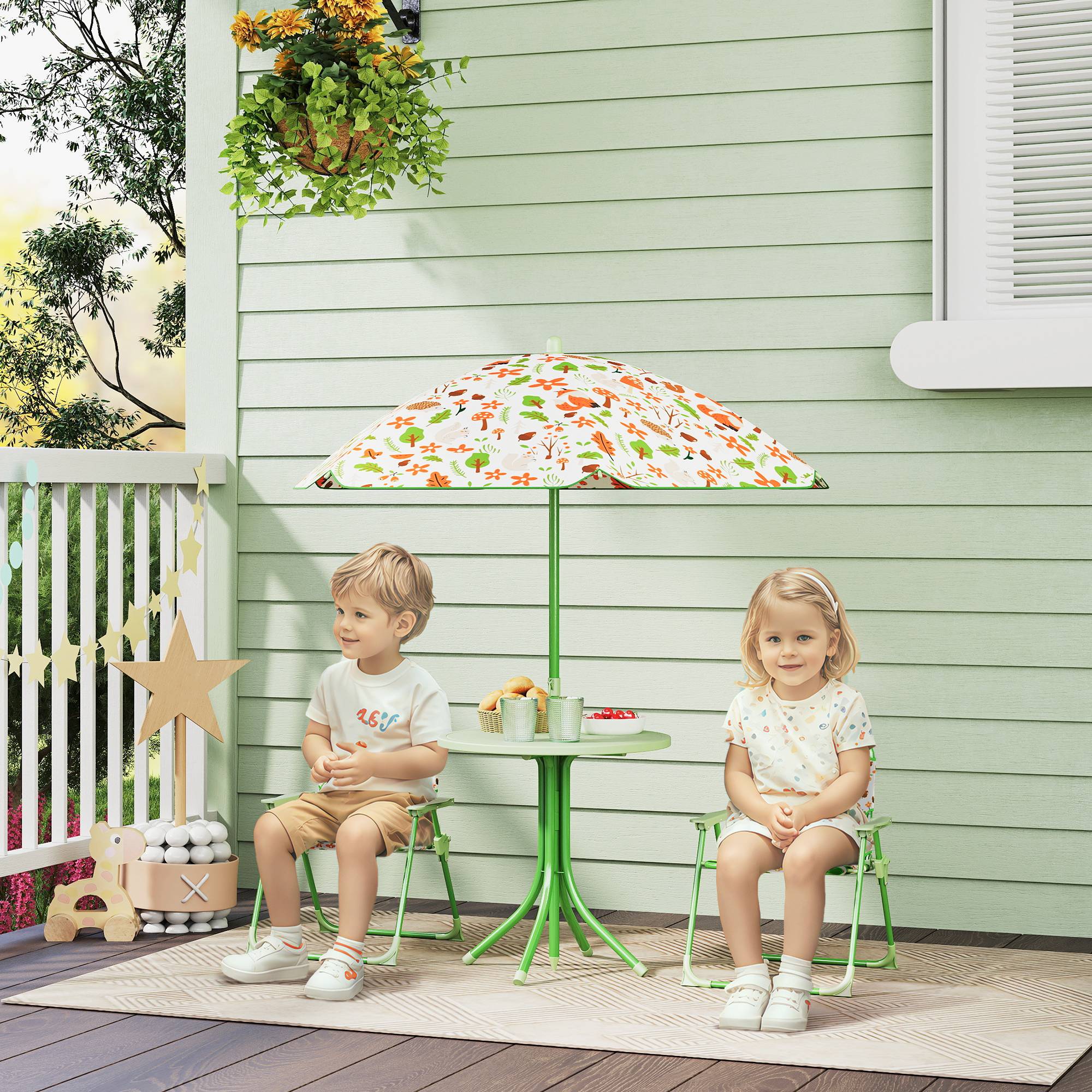 Ensemble salon de jardin extérieur enfant 4 pièces, motif éléphant et girafe, parasol réglable Ø 100 cm, chaise pliable - Image 3