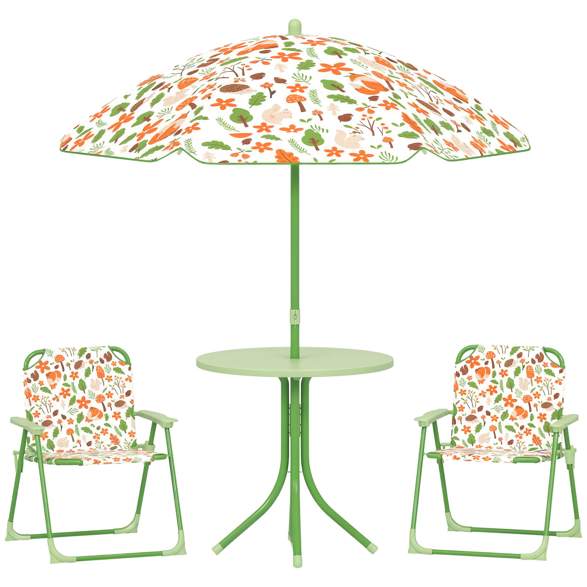 Ensemble salon de jardin extérieur enfant 4 pièces, motif éléphant et girafe, parasol réglable Ø 100 cm, chaise pliable - Image 1