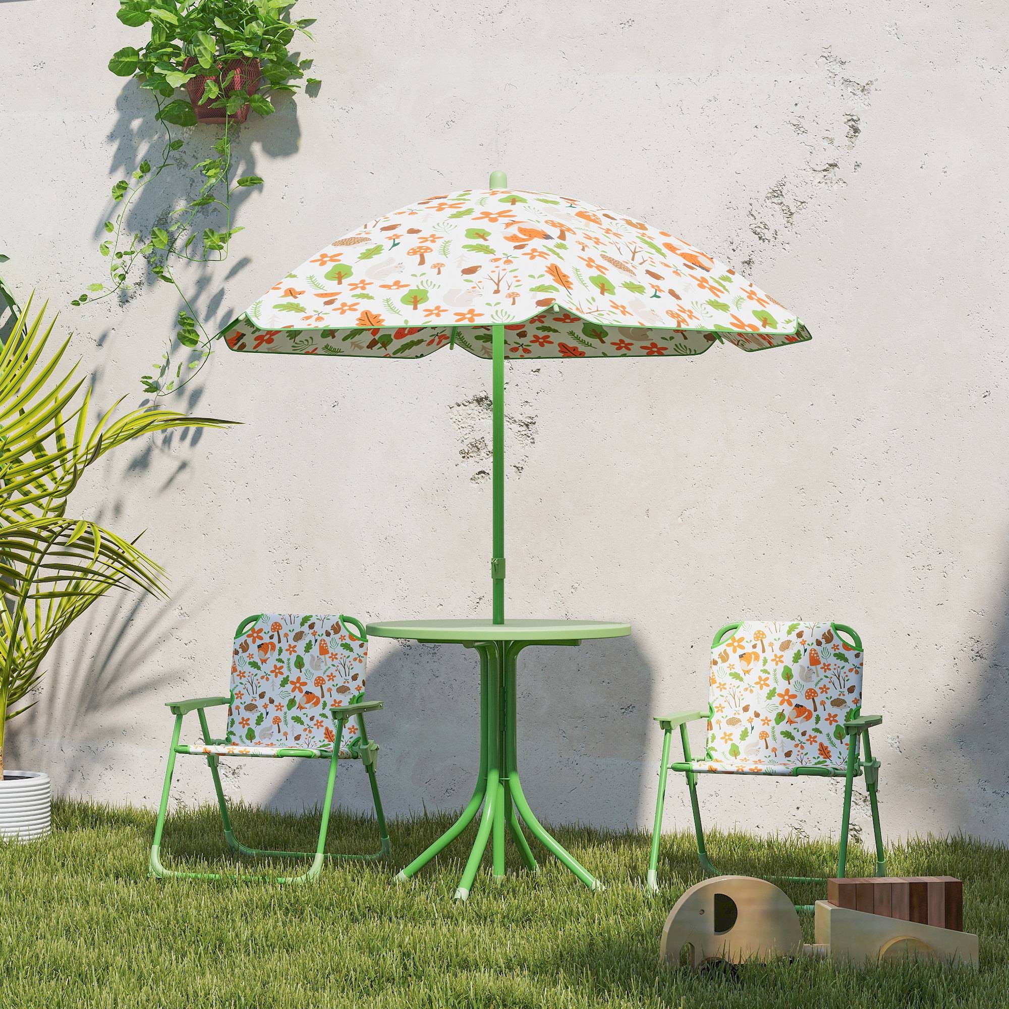 Ensemble salon de jardin extérieur enfant 4 pièces, motif éléphant et girafe, parasol réglable Ø 100 cm, chaise pliable - Image 4