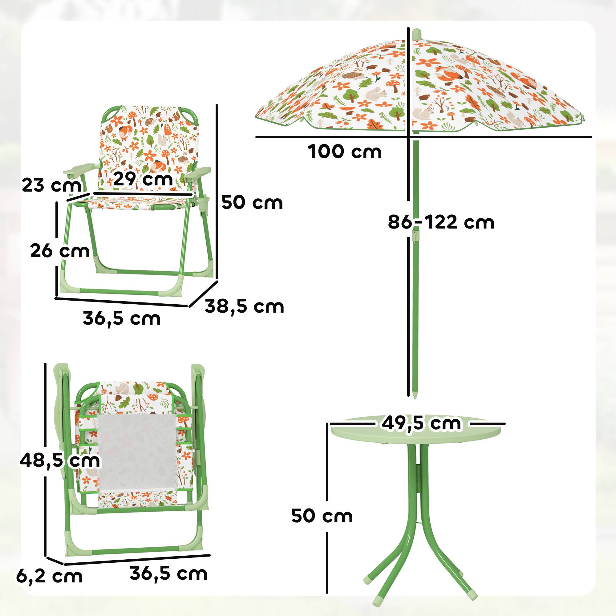 Ensemble salon de jardin extérieur enfant 4 pièces, motif éléphant et girafe, parasol réglable Ø 100 cm, chaise pliable - Image 5
