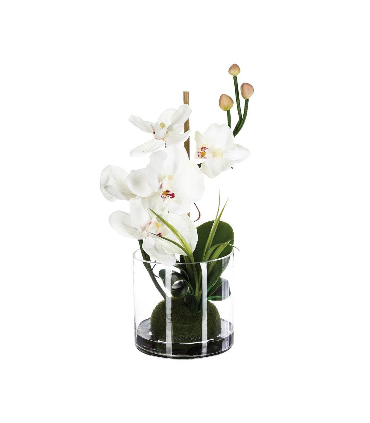 Composition florale d'Orchidées artificielles Vase en Verre D. 18 x H. 35 cm - Image 1