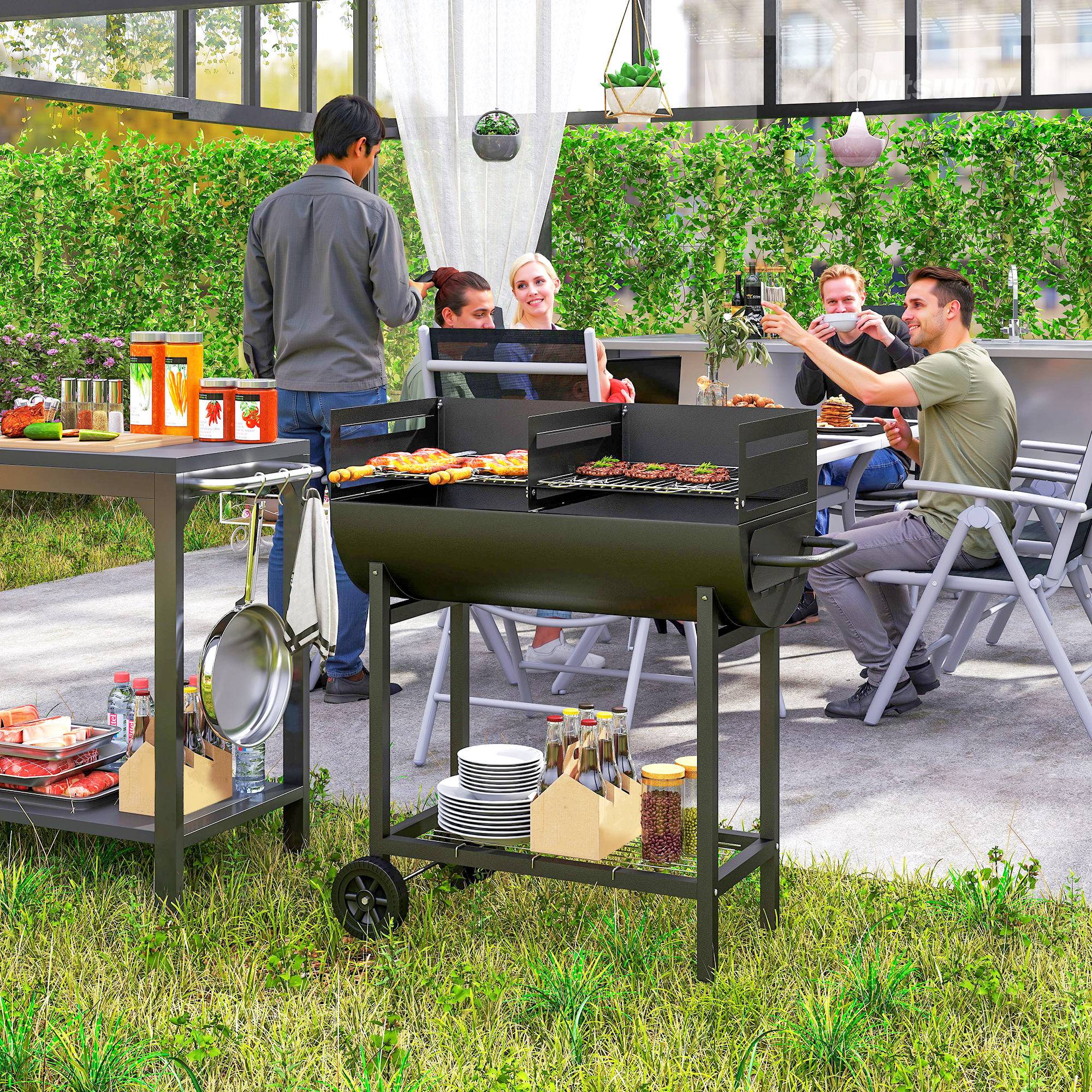 Sans Marque - Barbecue charbon grille réglable extérieur portable support rangement roulettes 90x45x96 noir,Sans Marque - Image 3
