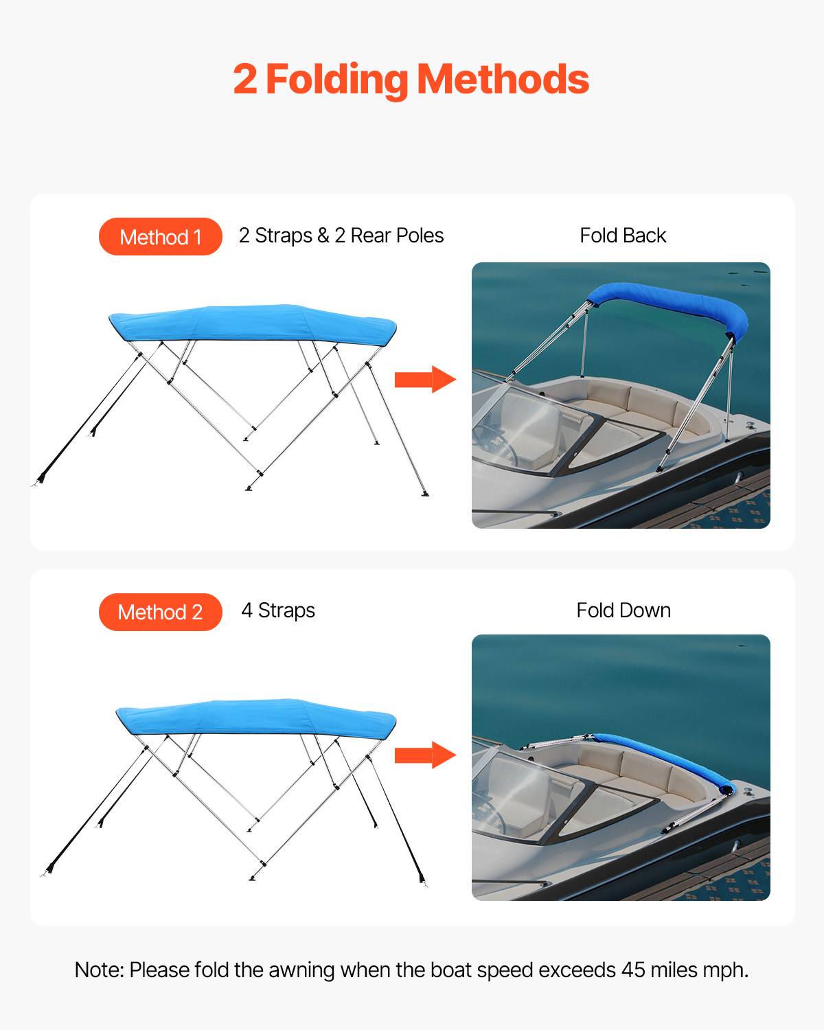 VEVOR Bimini bateau taud de soleil 4 arceaux 170-182 cm polyester Bleu Pacifique - Image 4