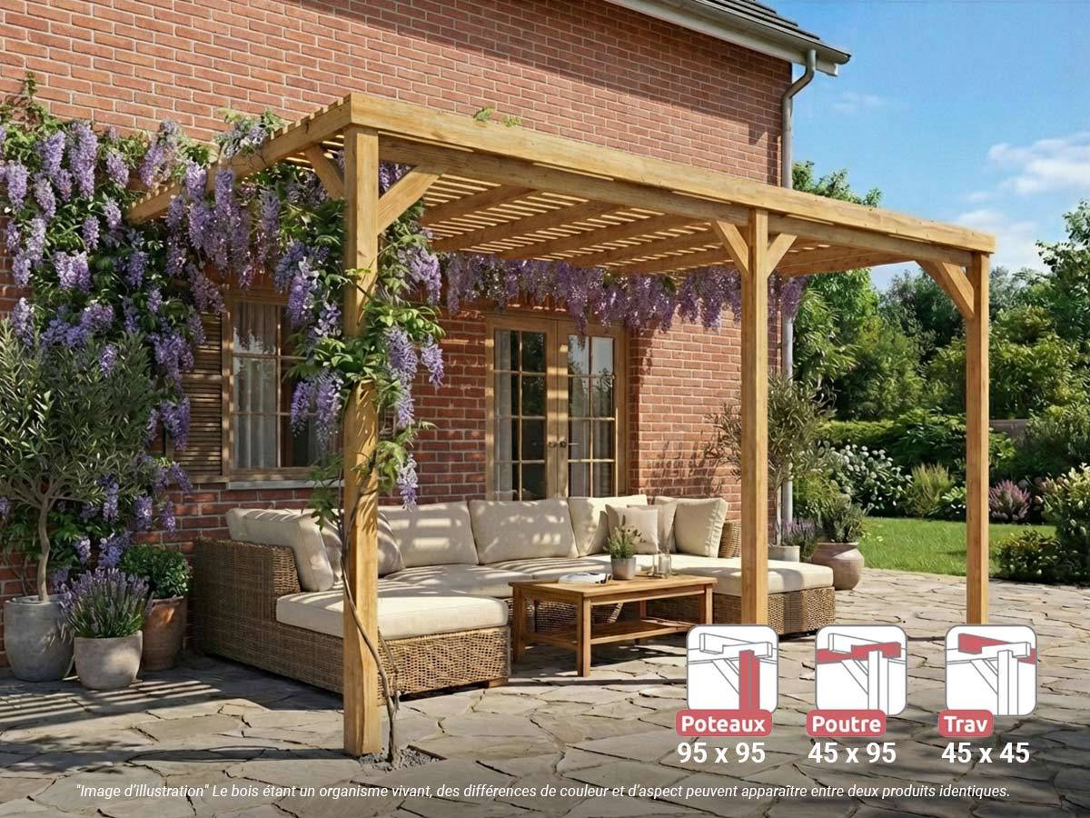 Pergola adossée en bois Montpellier 510 x 300 cm + 3 supports surélevés - Maderland - Image 1