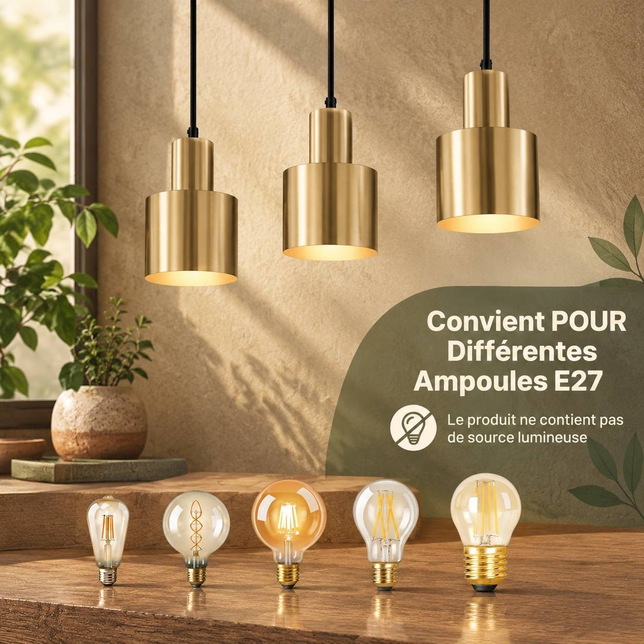 Lustre Moderne Métal Doré 3 Ampoules E27 Pendentif - Image 6