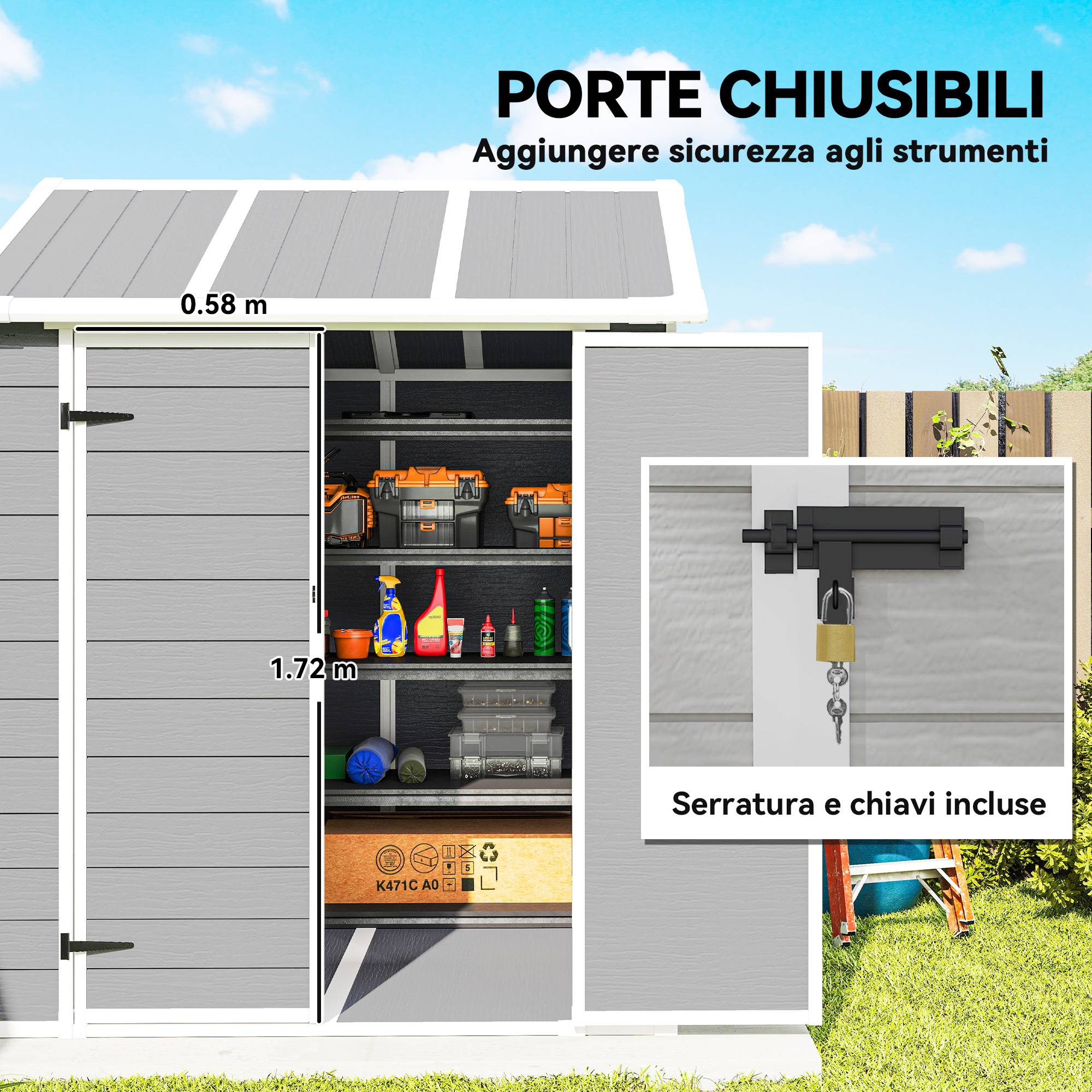 Abri de jardin en résine avec plancher, 2 portes verrouillables, fenêtre, 1,8 x 1,8 m, gris - Image 10