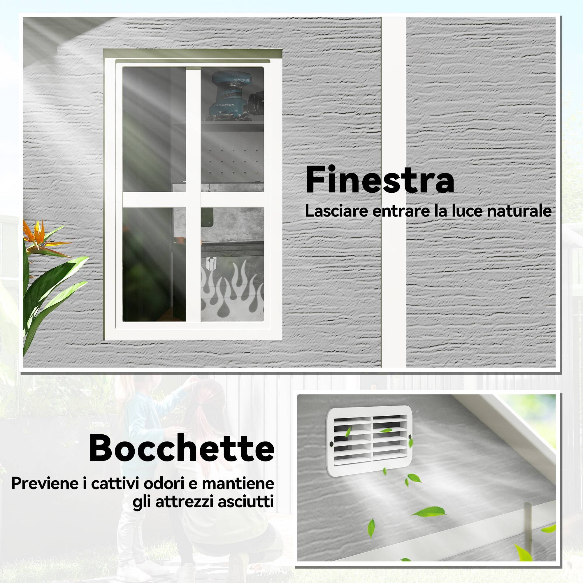 Abri de jardin en résine avec plancher, 2 portes verrouillables, fenêtre, 1,8 x 1,8 m, gris - Image 9