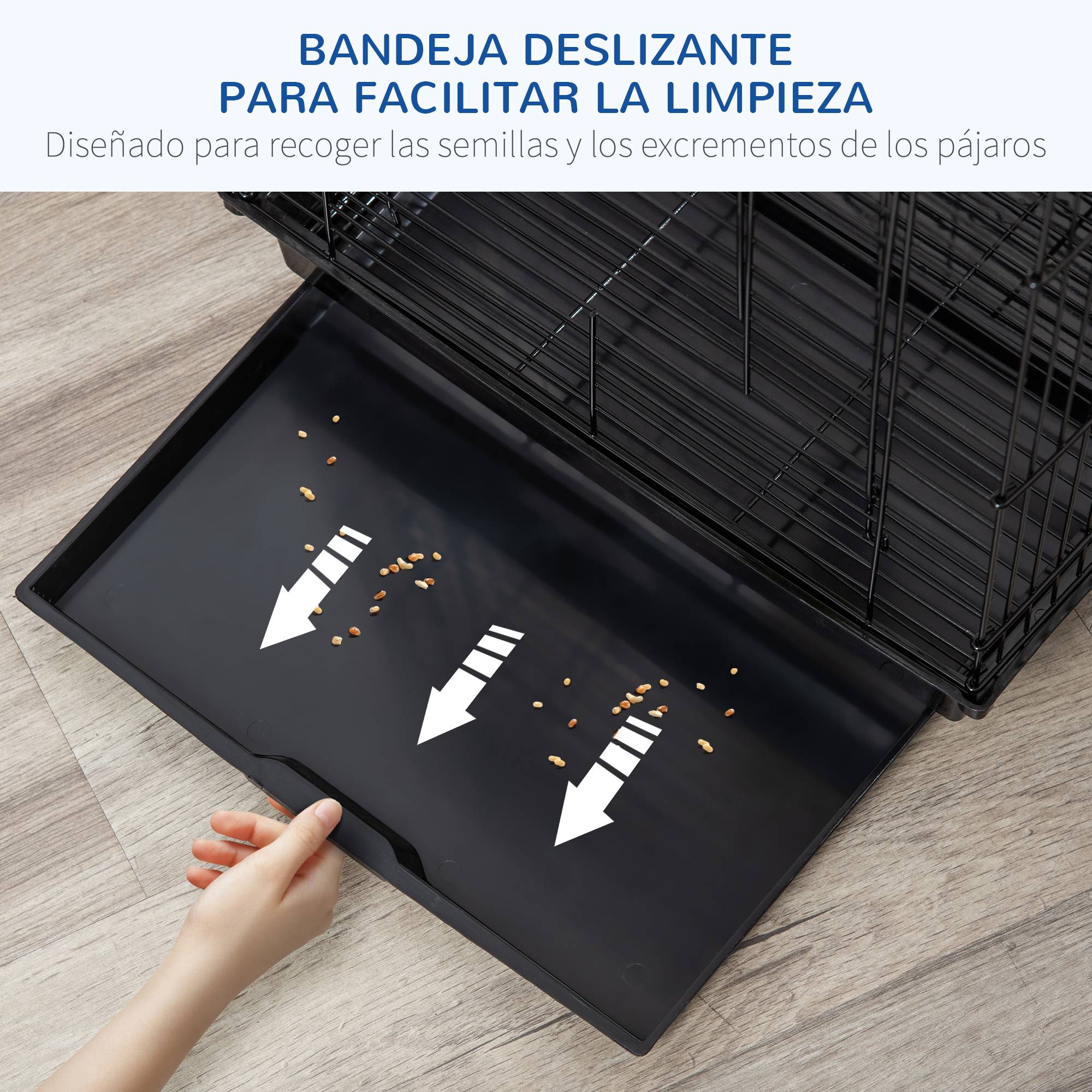 Cage pour oiseaux 40x40x59 cm avec plateau pliable, 2 perchoirs, 2 mangeoires et plateau amovible noir - Image 7