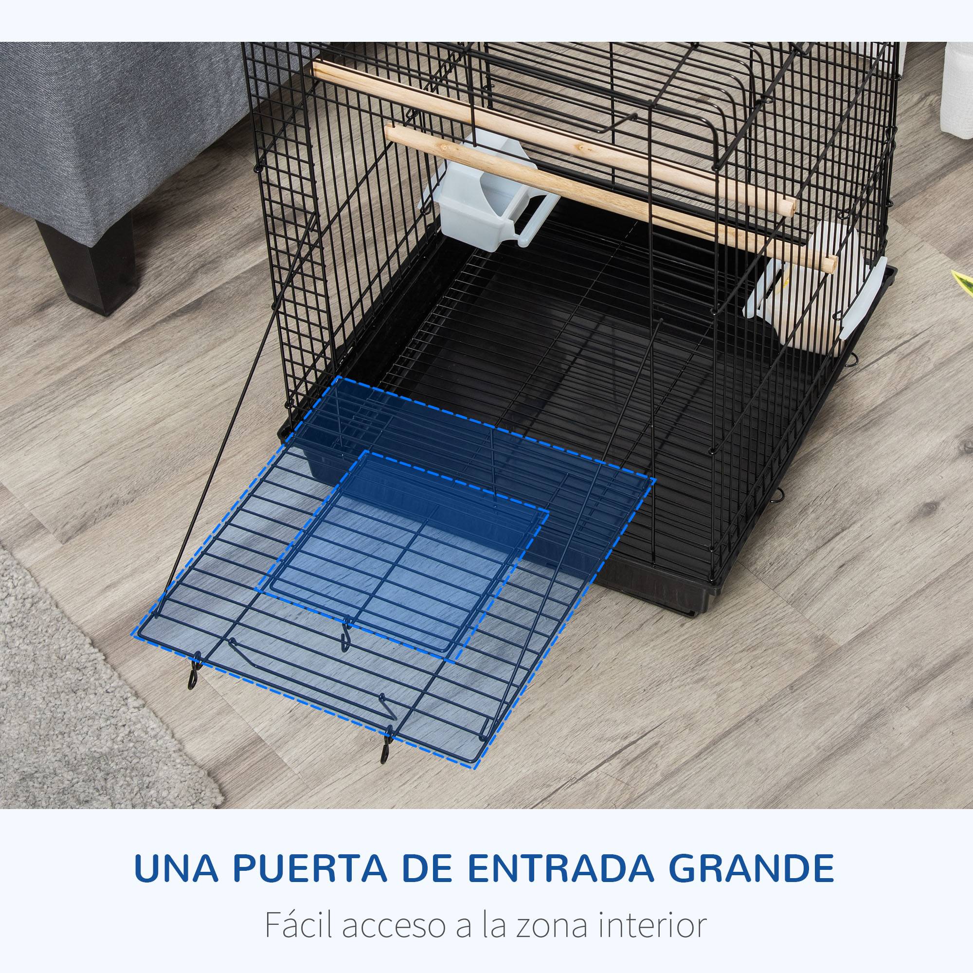 Cage pour oiseaux 40x40x59 cm avec plateau pliable, 2 perchoirs, 2 mangeoires et plateau amovible noir - Image 8