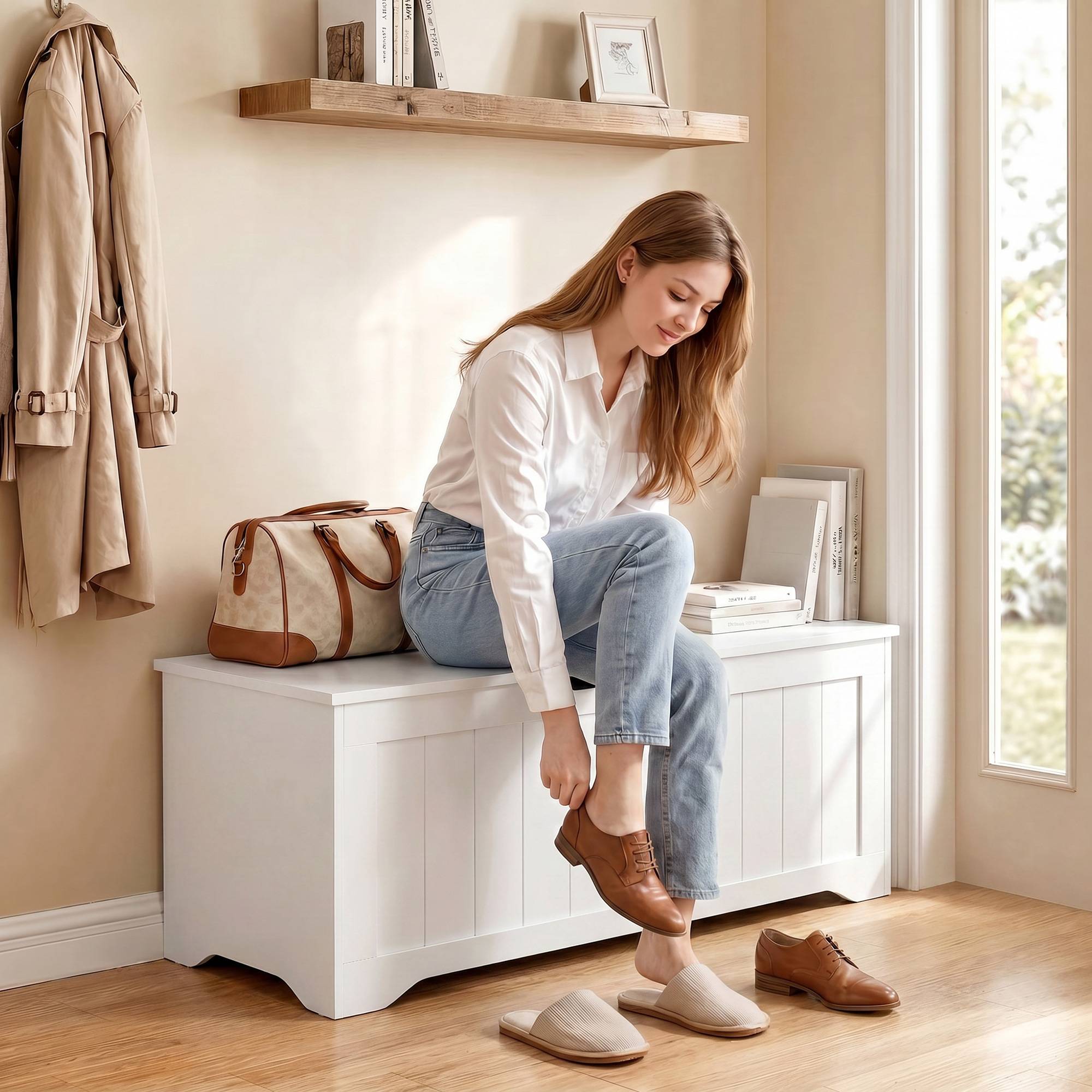 Sans Marque - Coffre de Rangement 136 L, Banc Coffre avec 2 Charnières de Sécurité et Design Sans Poignée, 100 x 40 x 45 cm, Blanc - Image 4