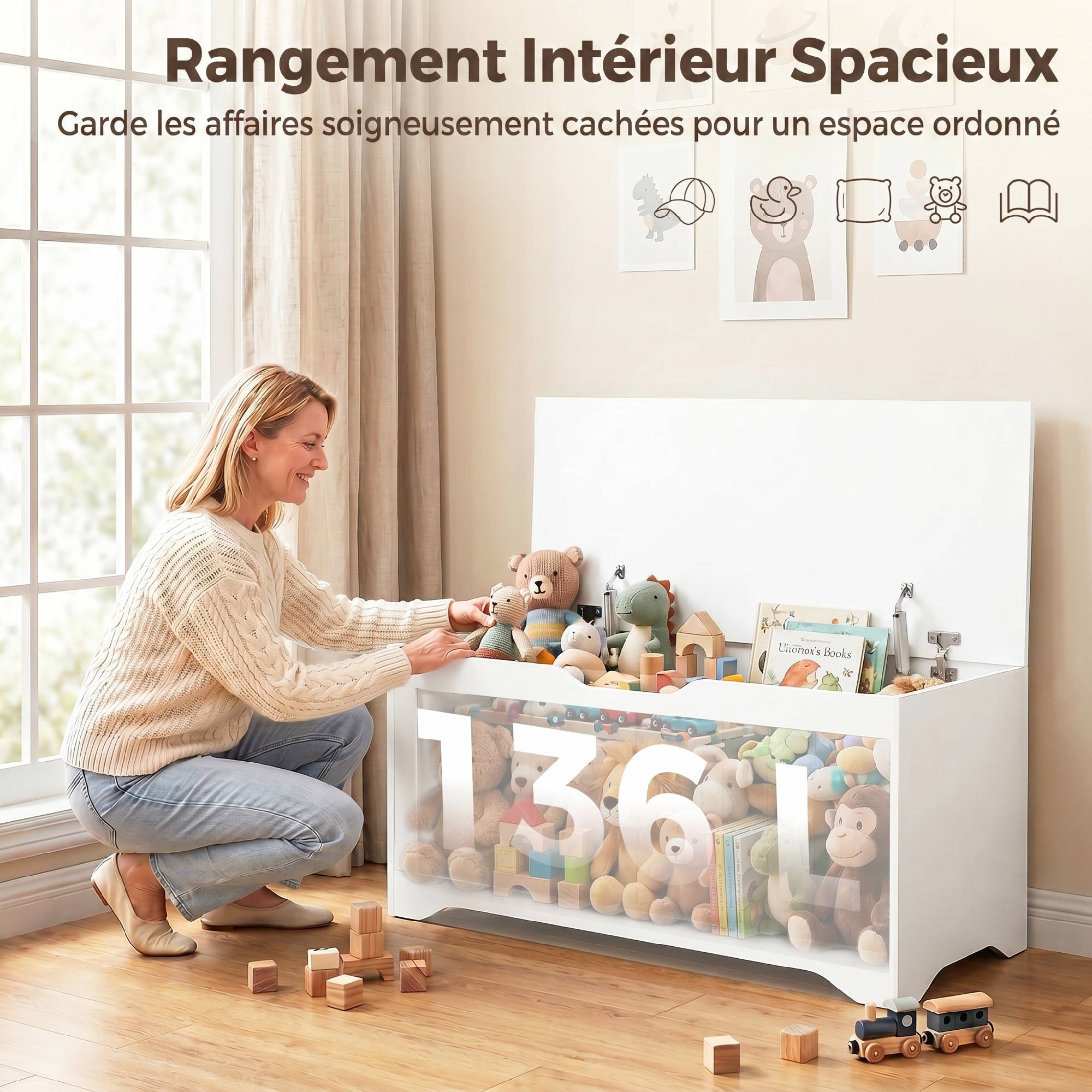 Sans Marque - Coffre de Rangement 136 L, Banc Coffre avec 2 Charnières de Sécurité et Design Sans Poignée, 100 x 40 x 45 cm, Blanc - Image 6