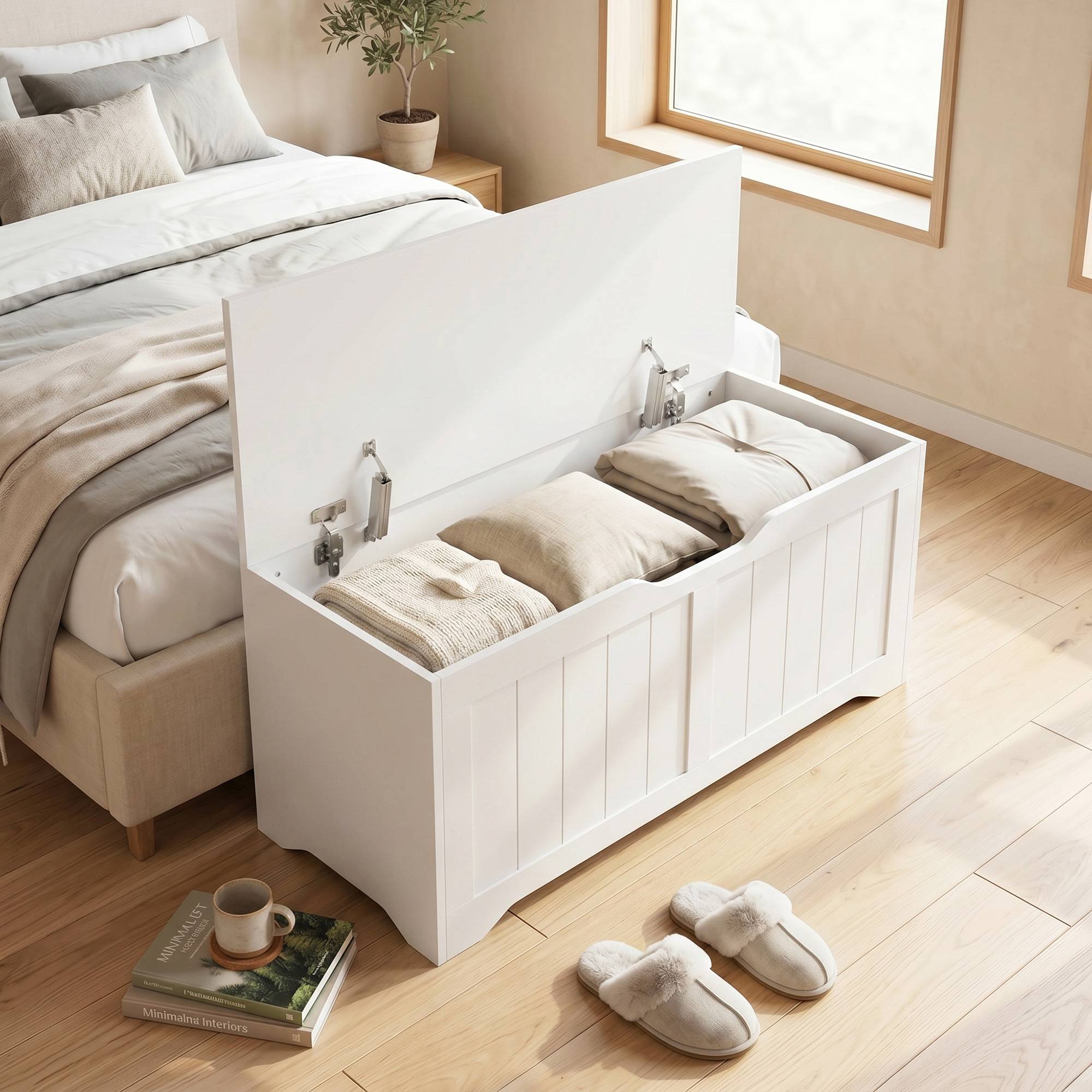 Sans Marque - Coffre de Rangement 136 L, Banc Coffre avec 2 Charnières de Sécurité et Design Sans Poignée, 100 x 40 x 45 cm, Blanc - Image 10
