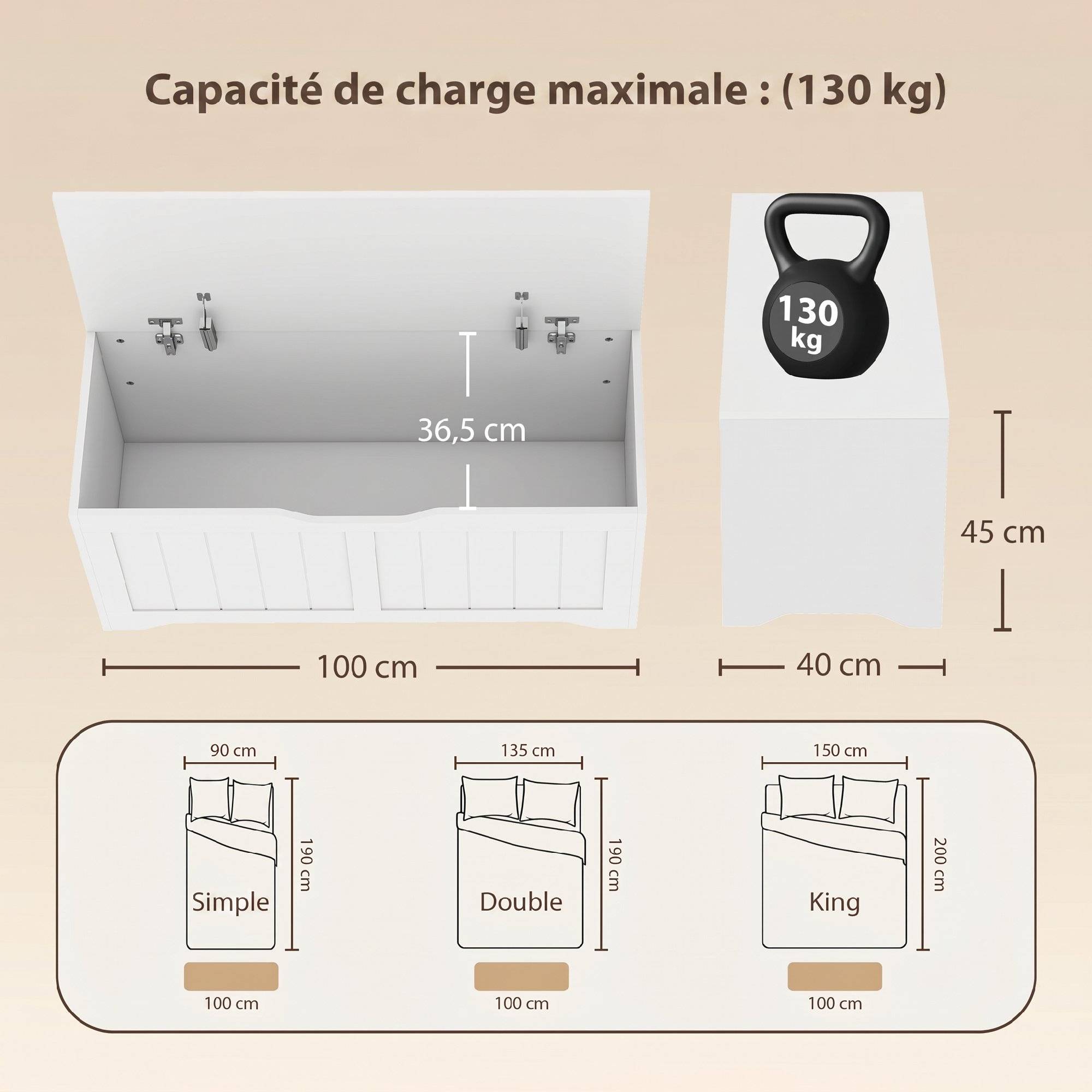 Sans Marque - Coffre de Rangement 136 L, Banc Coffre avec 2 Charnières de Sécurité et Design Sans Poignée, 100 x 40 x 45 cm, Blanc - Image 5