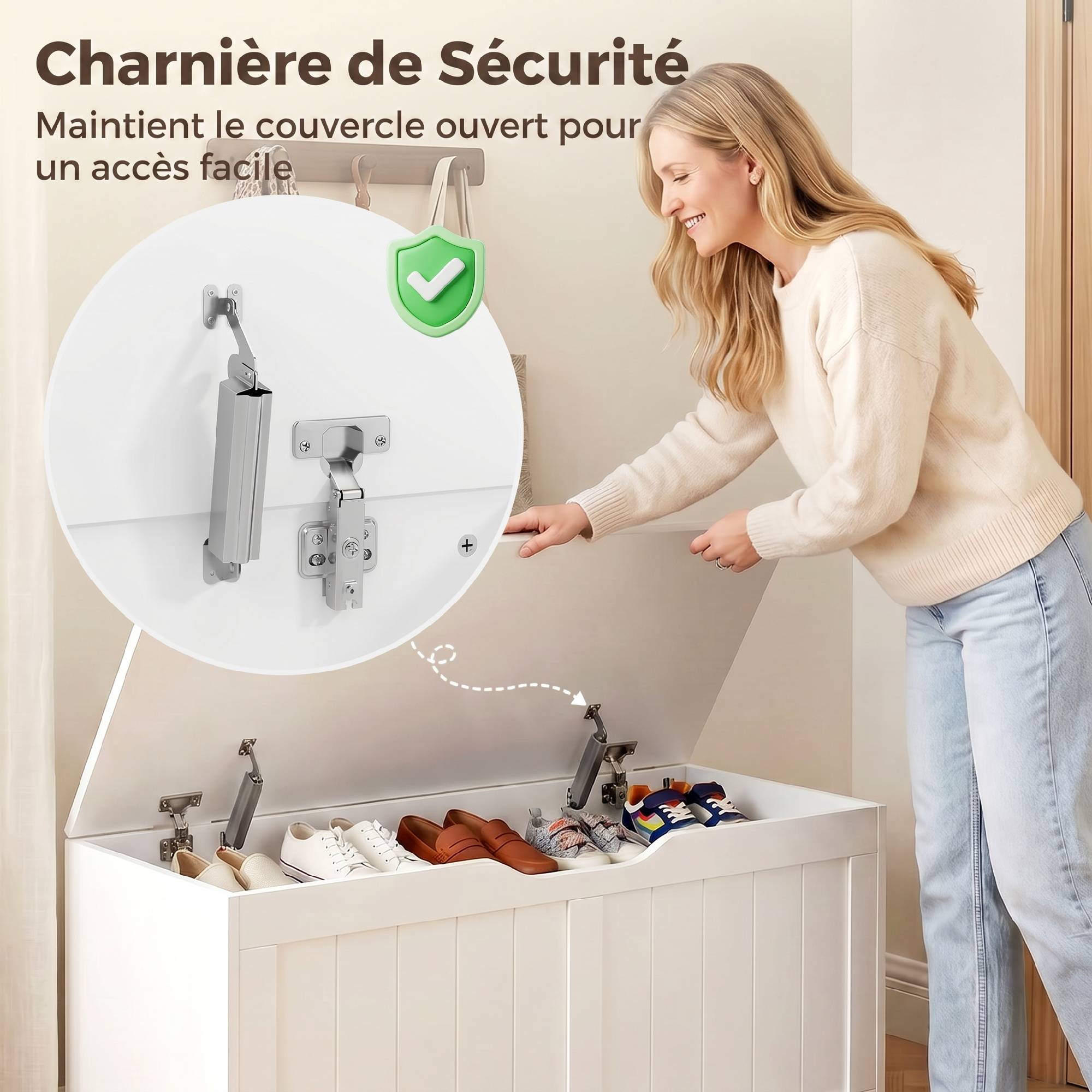 Sans Marque - Coffre de Rangement 136 L, Banc Coffre avec 2 Charnières de Sécurité et Design Sans Poignée, 100 x 40 x 45 cm, Blanc - Image 7