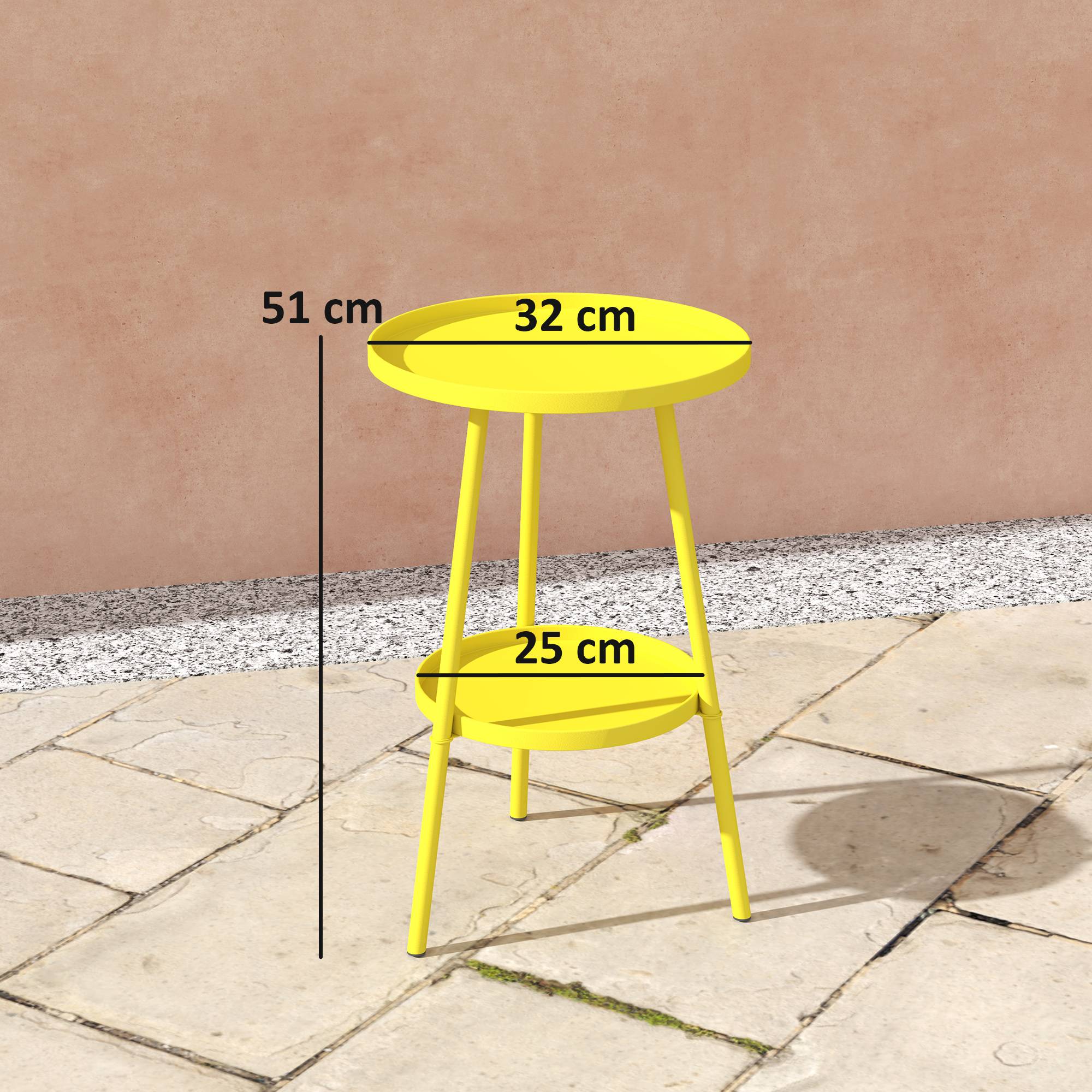 Petite table d'appoint ronde à 2 niveaux table de jardin pour terrasse salon balcon en métal Ø 32 x 51 cm jaune - Image 5