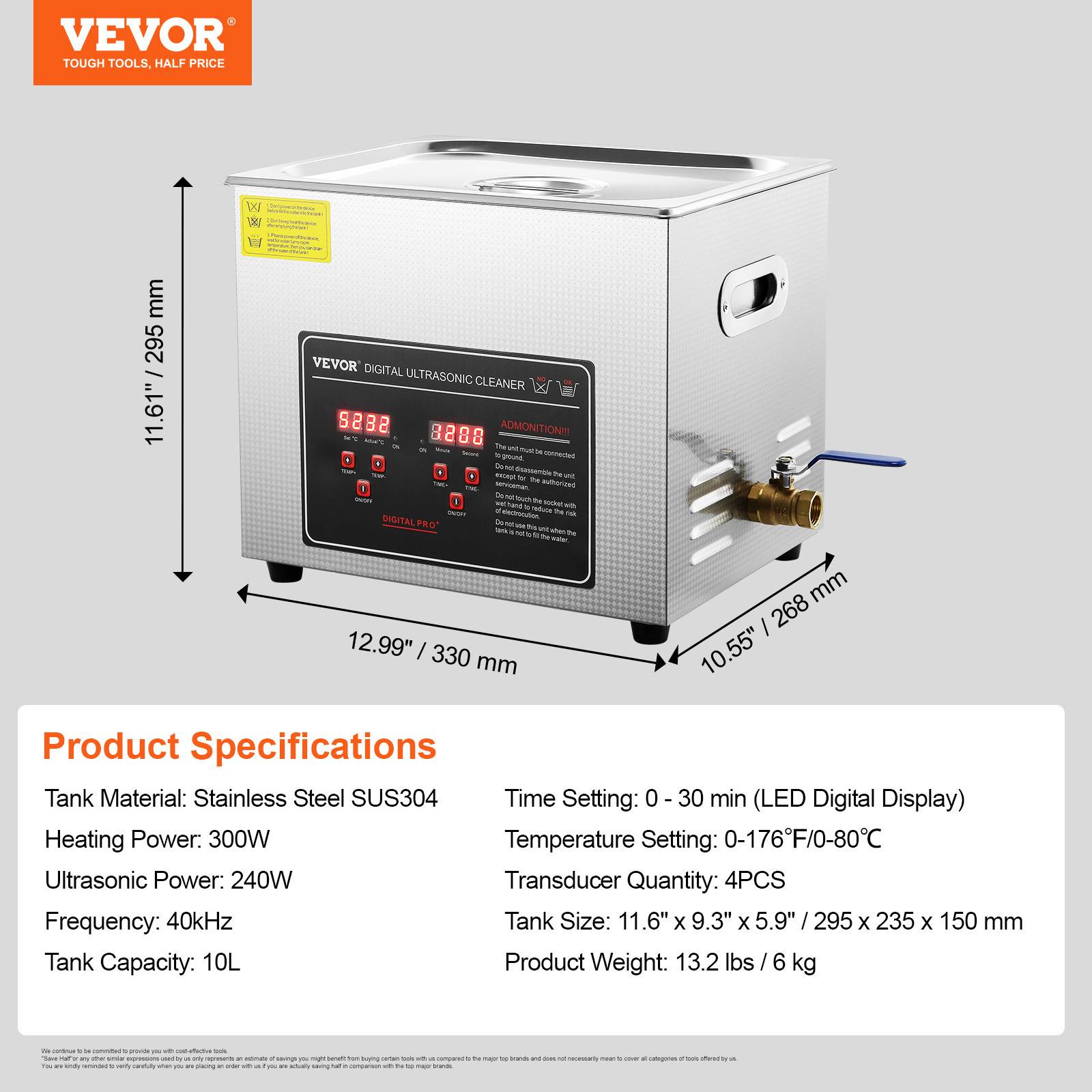 VEVOR Nettoyeur ultrasons 10L avec chauffage et minuterie, temps réglable 0-30 min, numérique LED. - Image 7