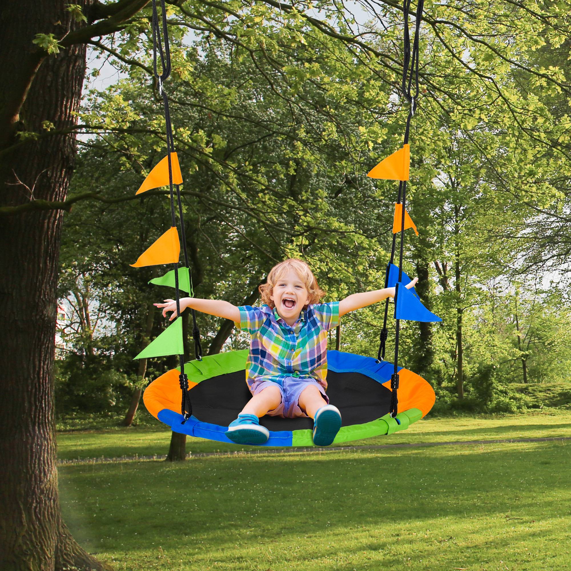Balançoire ronde nid enfants dès 3 ans jardin extérieur intérieur chambre multicolore Φ100 x hauteur 120-180 cm - Image 3