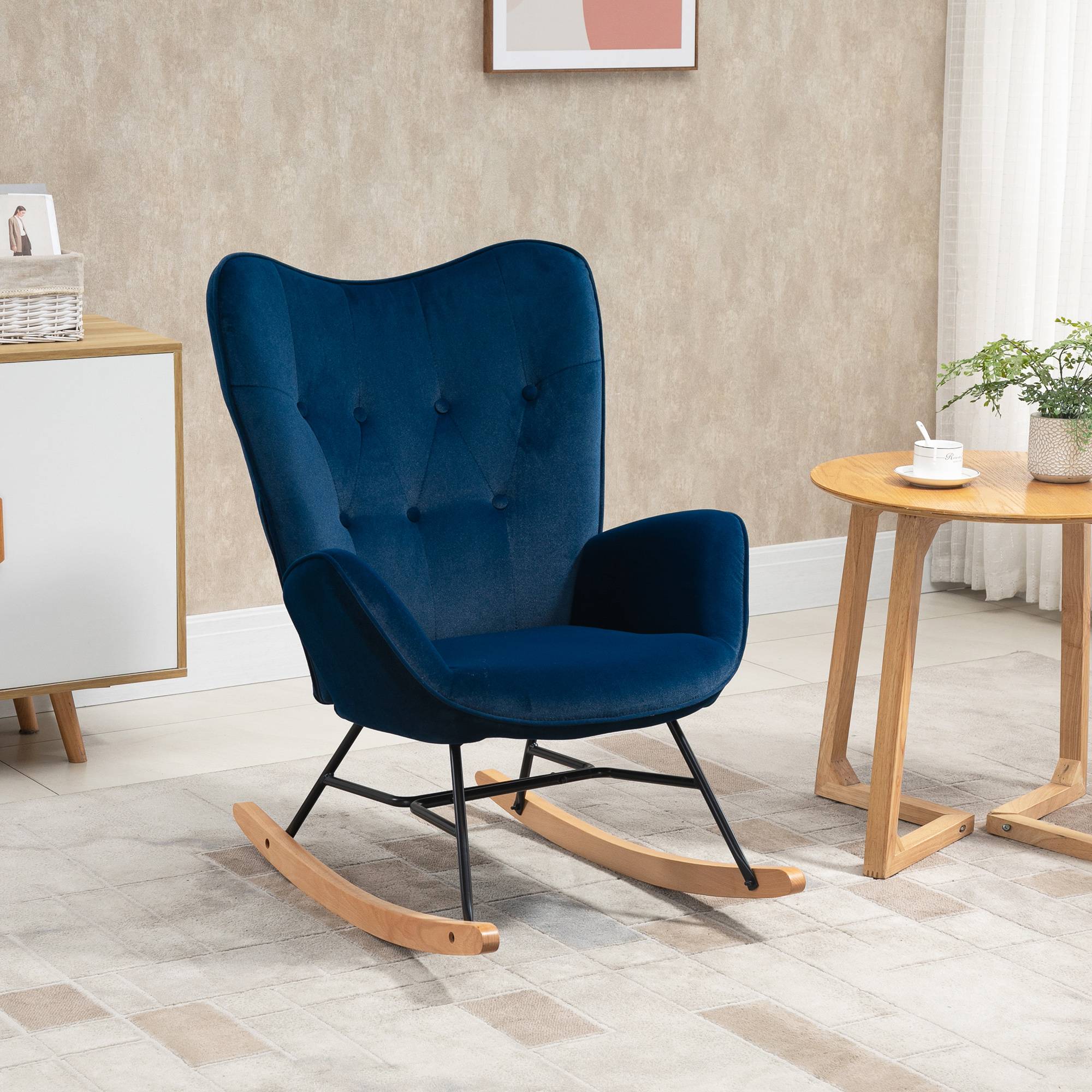 Sans Marque - Fauteuil à Bascule, Rocking Chair, fauteuil allaitement confortable avec Structure en bois massif et métal pour Salon, Chambre, Balcon, Velours Bleu - Image 3