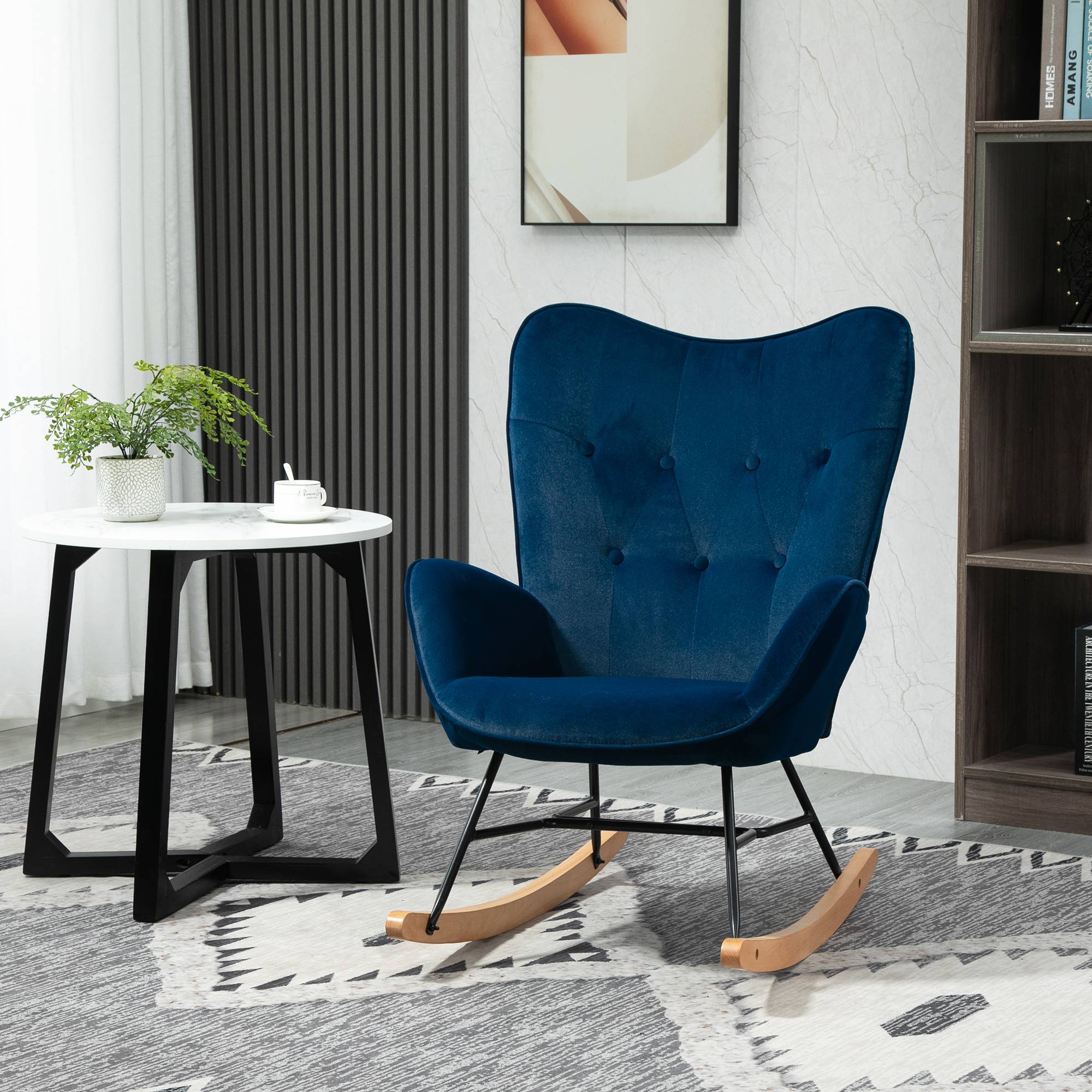 Sans Marque - Fauteuil à Bascule, Rocking Chair, fauteuil allaitement confortable avec Structure en bois massif et métal pour Salon, Chambre, Balcon, Velours Bleu - Image 4