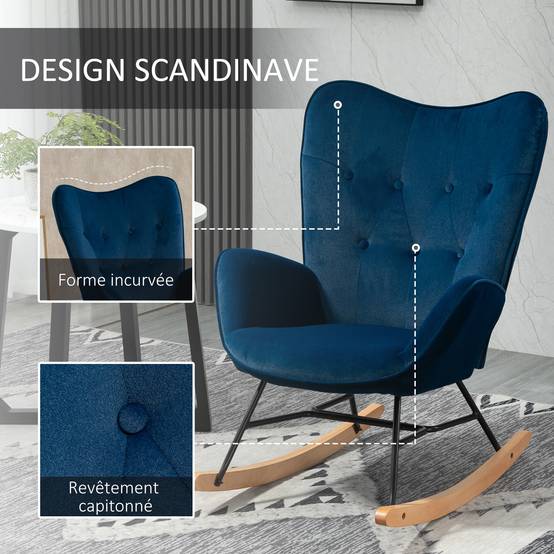 Sans Marque - Fauteuil à Bascule, Rocking Chair, fauteuil allaitement confortable avec Structure en bois massif et métal pour Salon, Chambre, Balcon, Velours Bleu - Image 6
