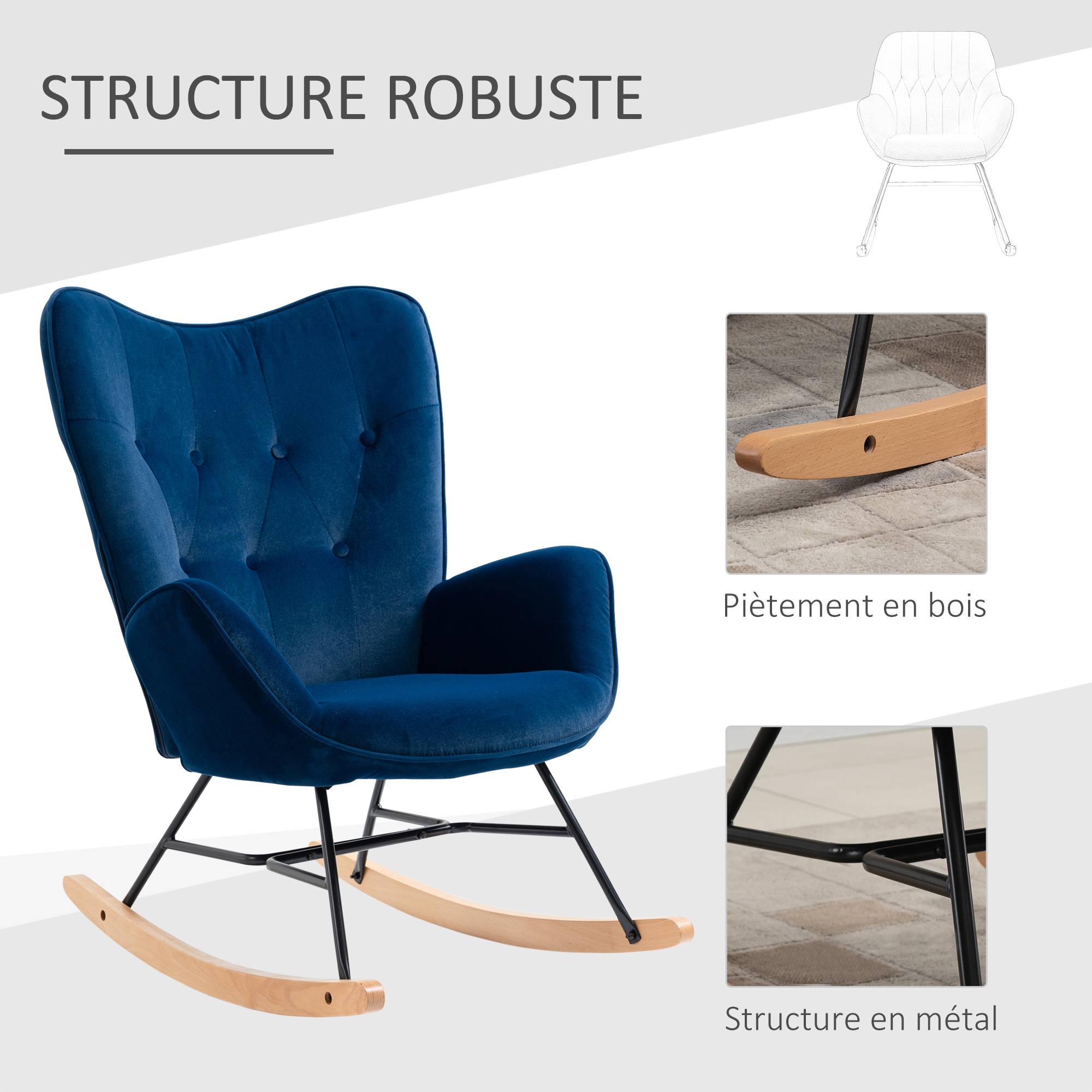 Sans Marque - Fauteuil à Bascule, Rocking Chair, fauteuil allaitement confortable avec Structure en bois massif et métal pour Salon, Chambre, Balcon, Velours Bleu - Image 9
