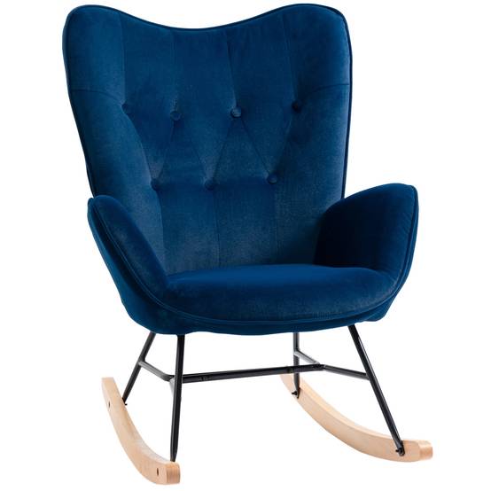 Sans Marque - Fauteuil à Bascule, Rocking Chair, fauteuil allaitement confortable avec Structure en bois massif et métal pour Salon, Chambre, Balcon, Velours Bleu - Image 2