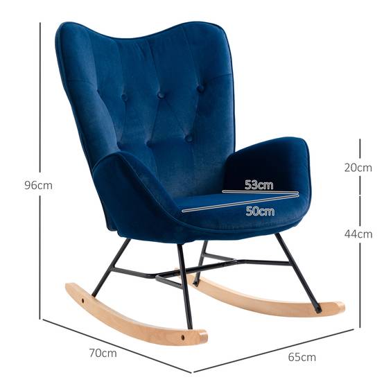 Sans Marque - Fauteuil à Bascule, Rocking Chair, fauteuil allaitement confortable avec Structure en bois massif et métal pour Salon, Chambre, Balcon, Velours Bleu - Image 5