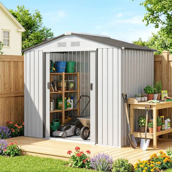 Abri de jardin 213 x 130 x 185 cm, abri de rangement extérieur en métal blanc - Image 3