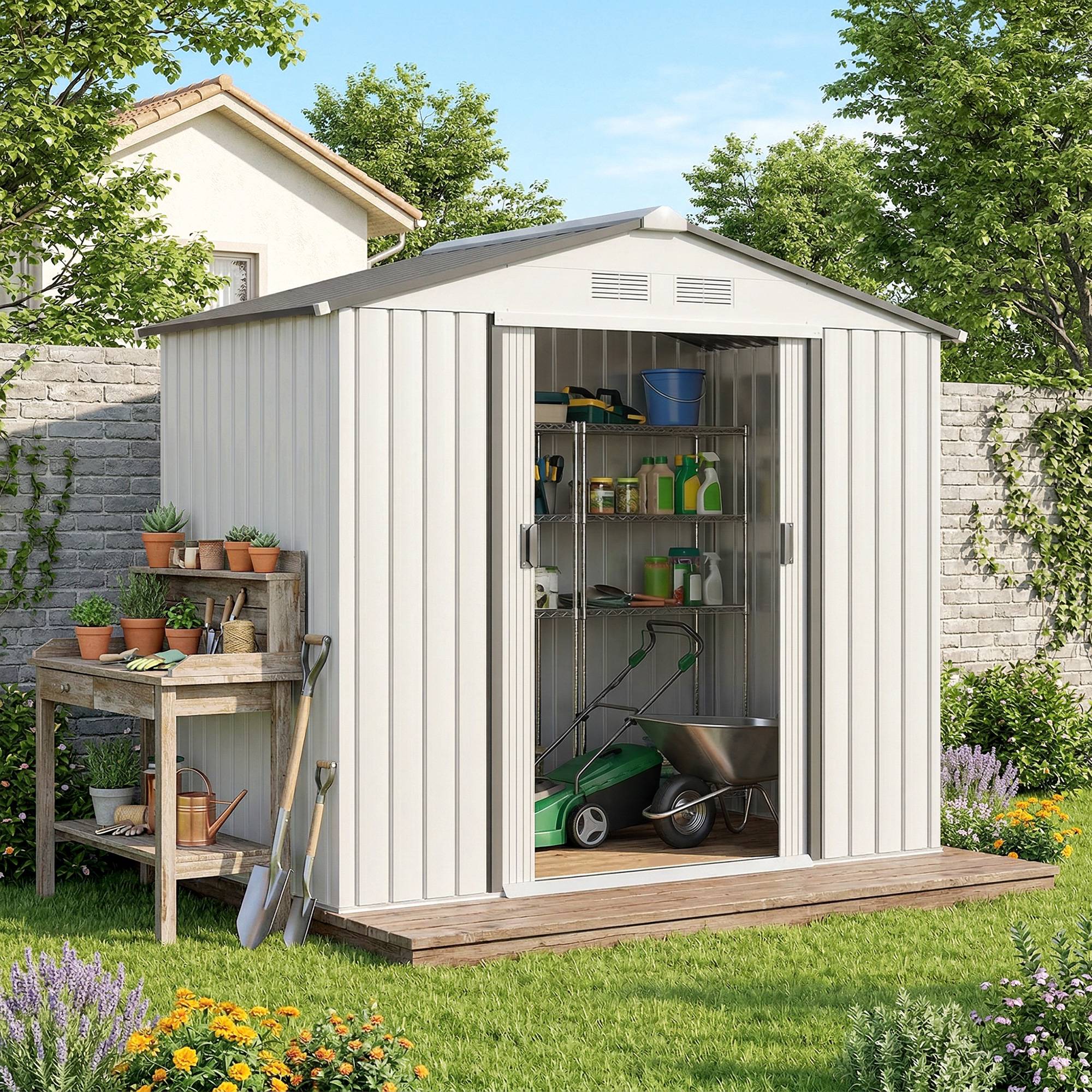 Abri de jardin 213 x 130 x 185 cm, abri de rangement extérieur en métal blanc - Image 4