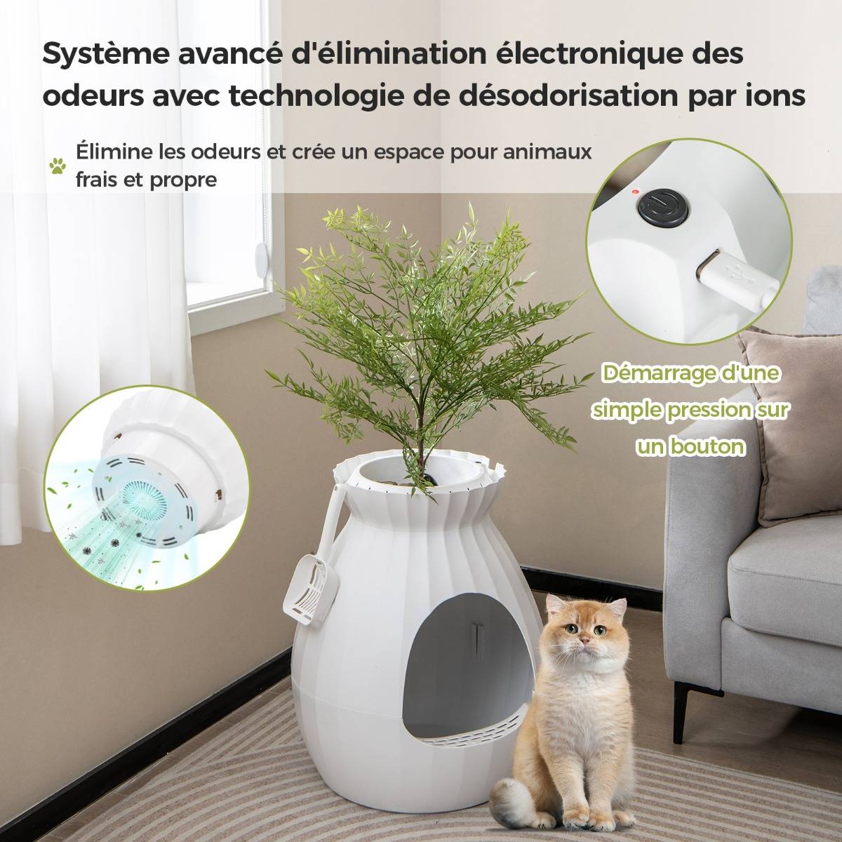 Bac à Litière pour Chat 63L - Désodorisation Désinfection Intelligentes - Plante Artificielle Galets Rideau de Porte Pelle Blanc - Image 7