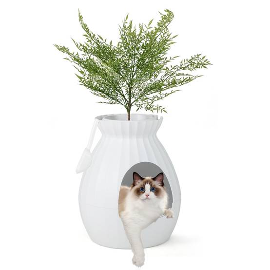 Bac à Litière pour Chat 63L - Désodorisation Désinfection Intelligentes - Plante Artificielle Galets Rideau de Porte Pelle Blanc - Image 3