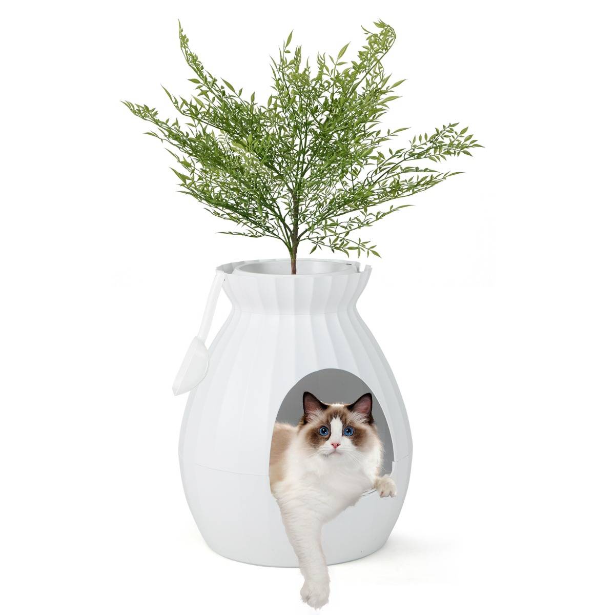 Bac à Litière pour Chat 63L - Désodorisation Désinfection Intelligentes - Plante Artificielle Galets Rideau de Porte Pelle Blanc - Image 3
