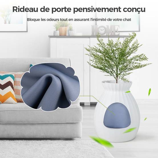 Bac à Litière pour Chat 63L - Désodorisation Désinfection Intelligentes - Plante Artificielle Galets Rideau de Porte Pelle Blanc - Image 6