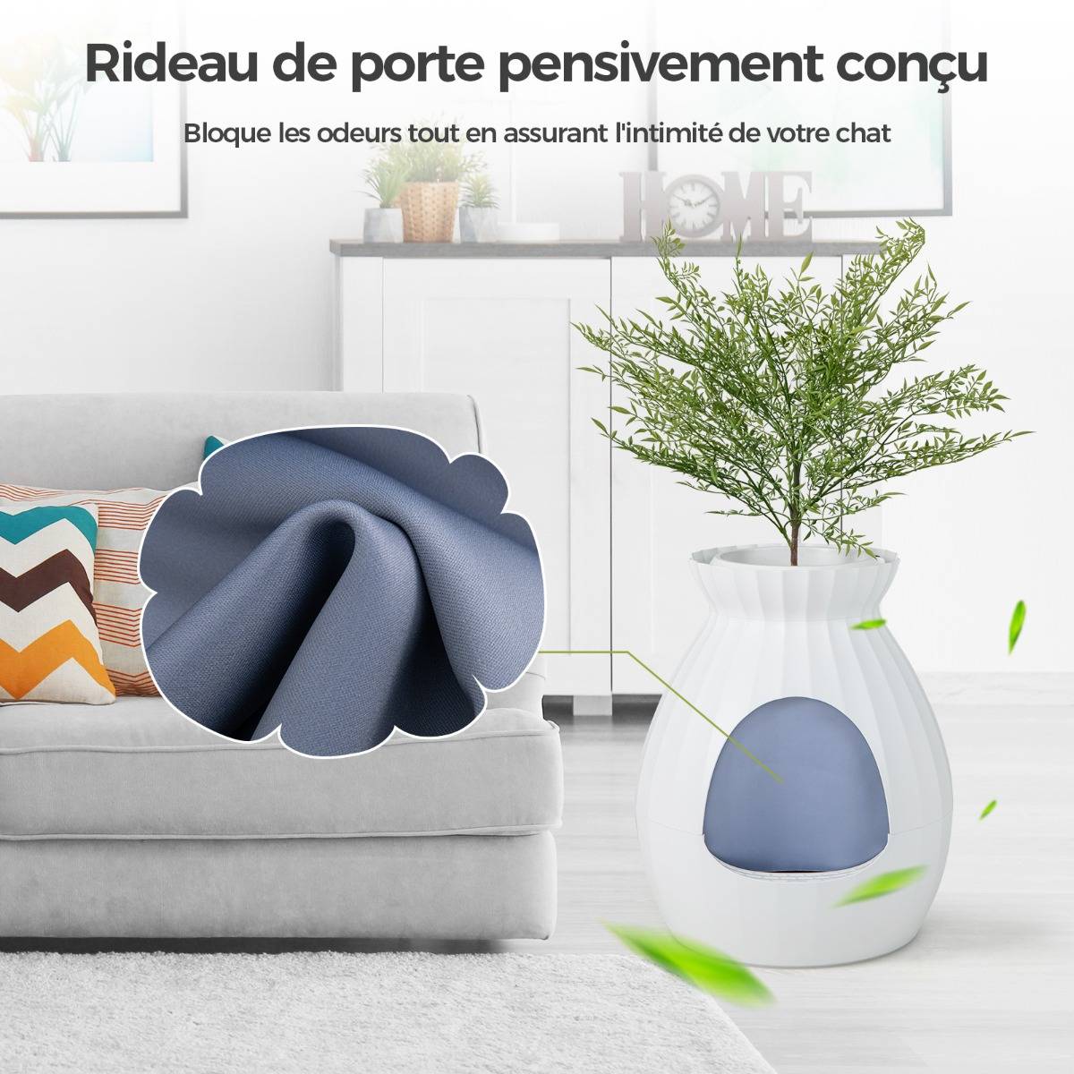 Bac à Litière pour Chat 63L - Désodorisation Désinfection Intelligentes - Plante Artificielle Galets Rideau de Porte Pelle Blanc - Image 6