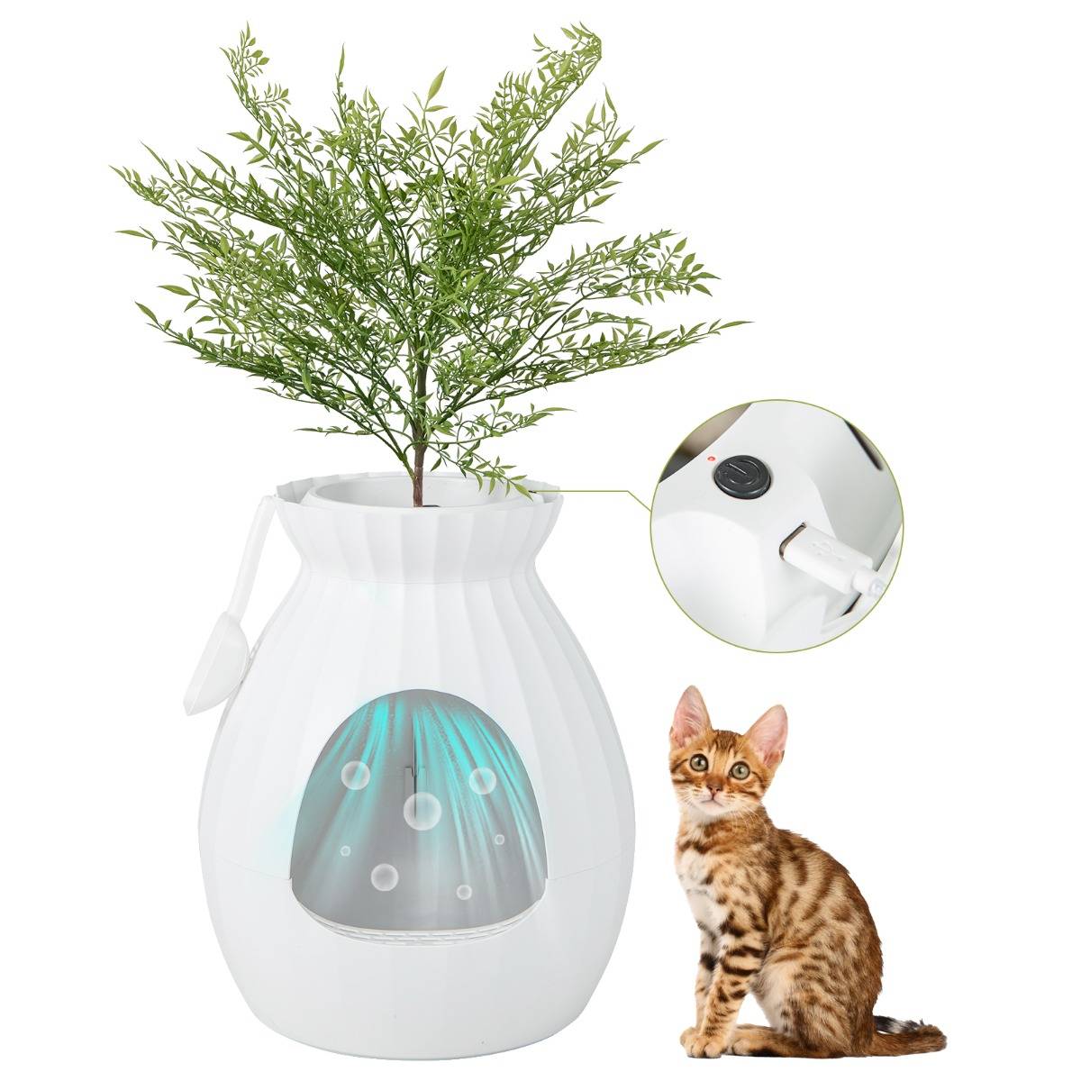 Bac à Litière pour Chat 63L - Désodorisation Désinfection Intelligentes - Plante Artificielle Galets Rideau de Porte Pelle Blanc - Image 4