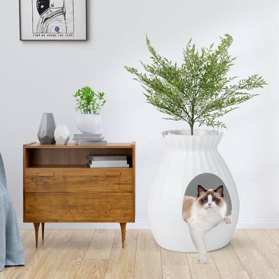 Bac à Litière pour Chat 63L - Désodorisation Désinfection Intelligentes - Plante Artificielle Galets Rideau de Porte Pelle Blanc - Image 2