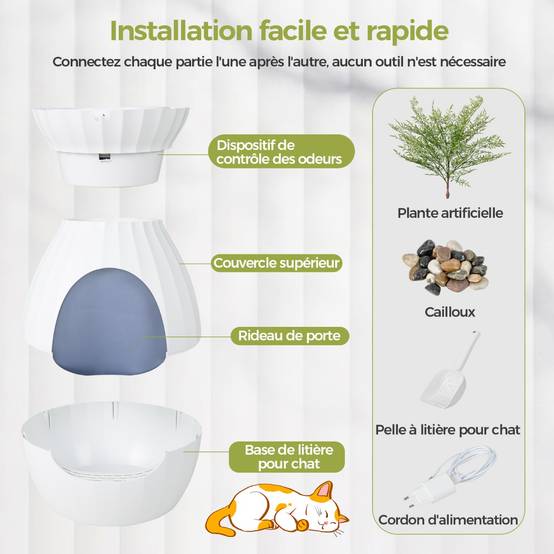 Bac à Litière pour Chat 63L - Désodorisation Désinfection Intelligentes - Plante Artificielle Galets Rideau de Porte Pelle Blanc - Image 9